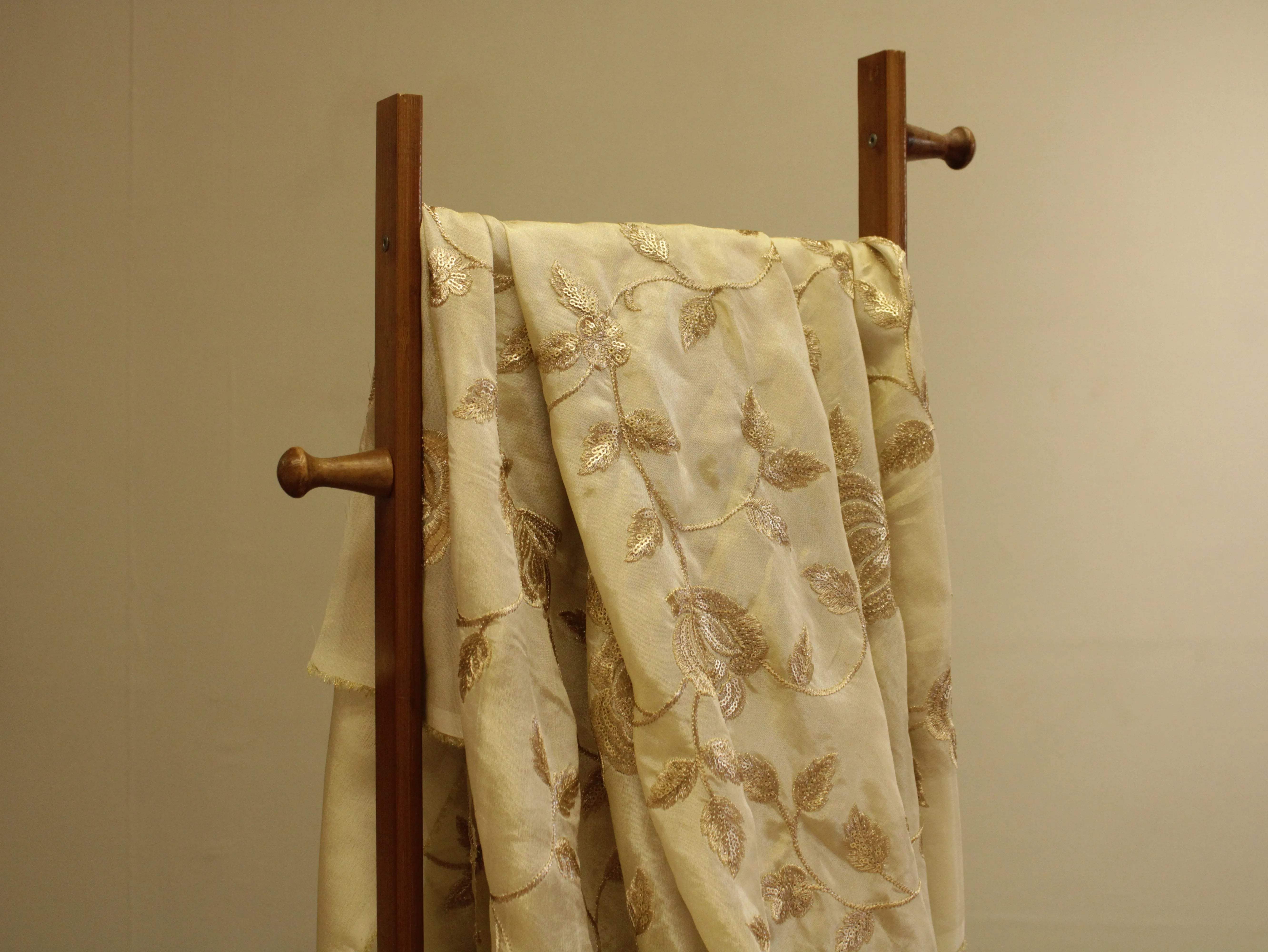 Premium Tissue Floral Zari Work Fabric - Ivory - M'Foks