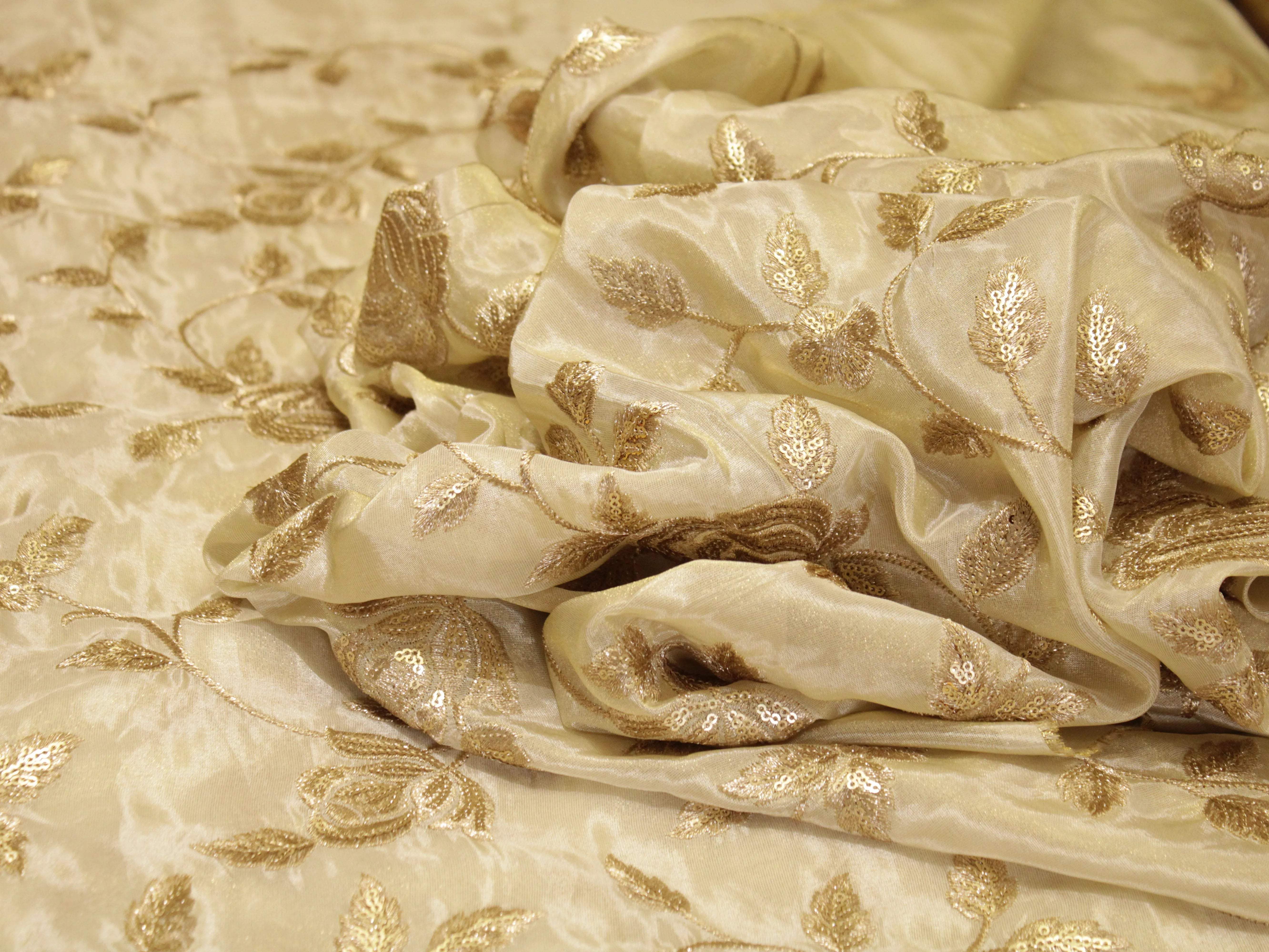 Premium Tissue Floral Zari Work Fabric - Ivory - M'Foks