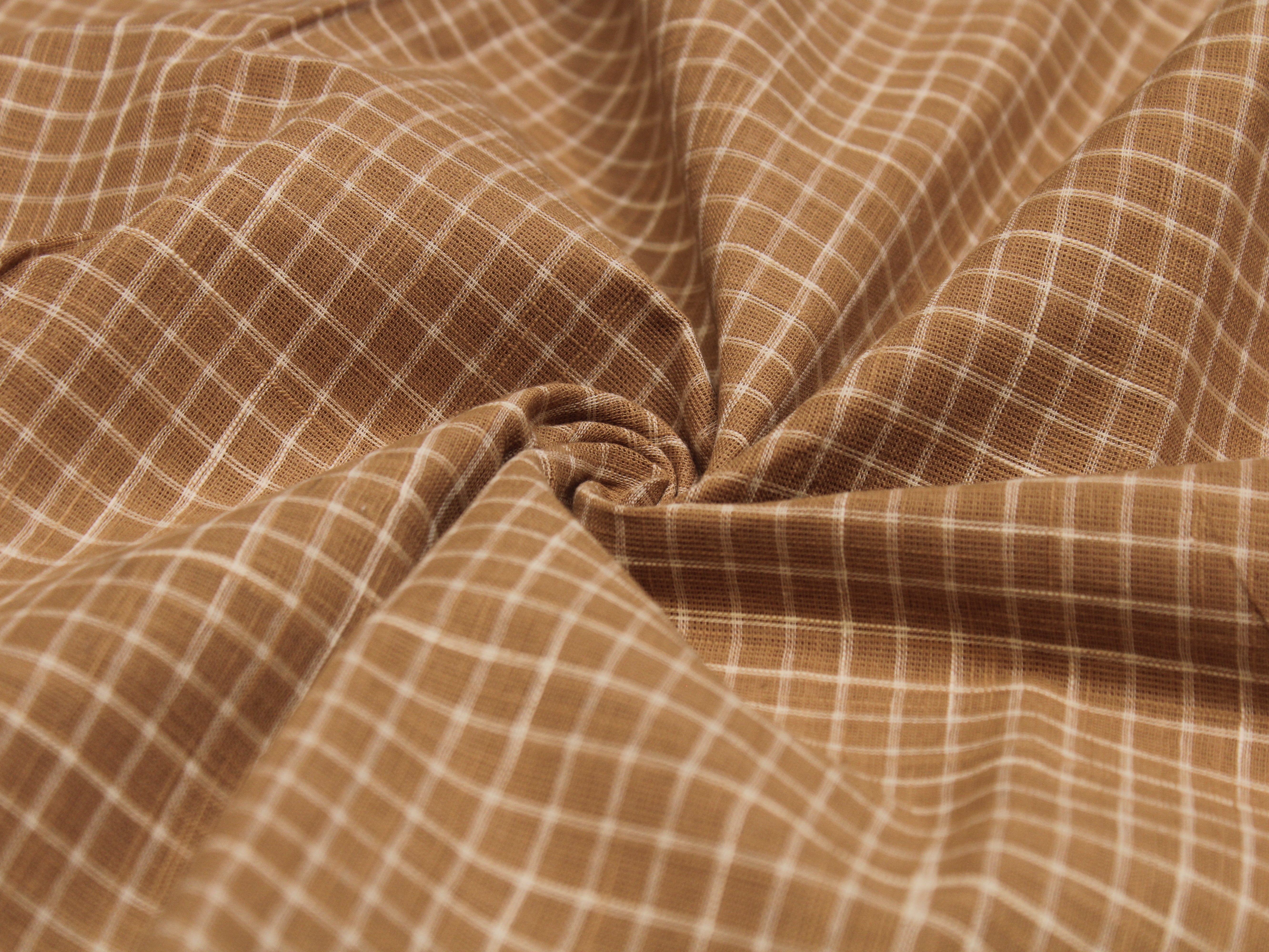 Pure Cotton Handloom Finish Non-Washed Yarn Dyed Check Fabric 44 Inch | Tan & Cream Gingham