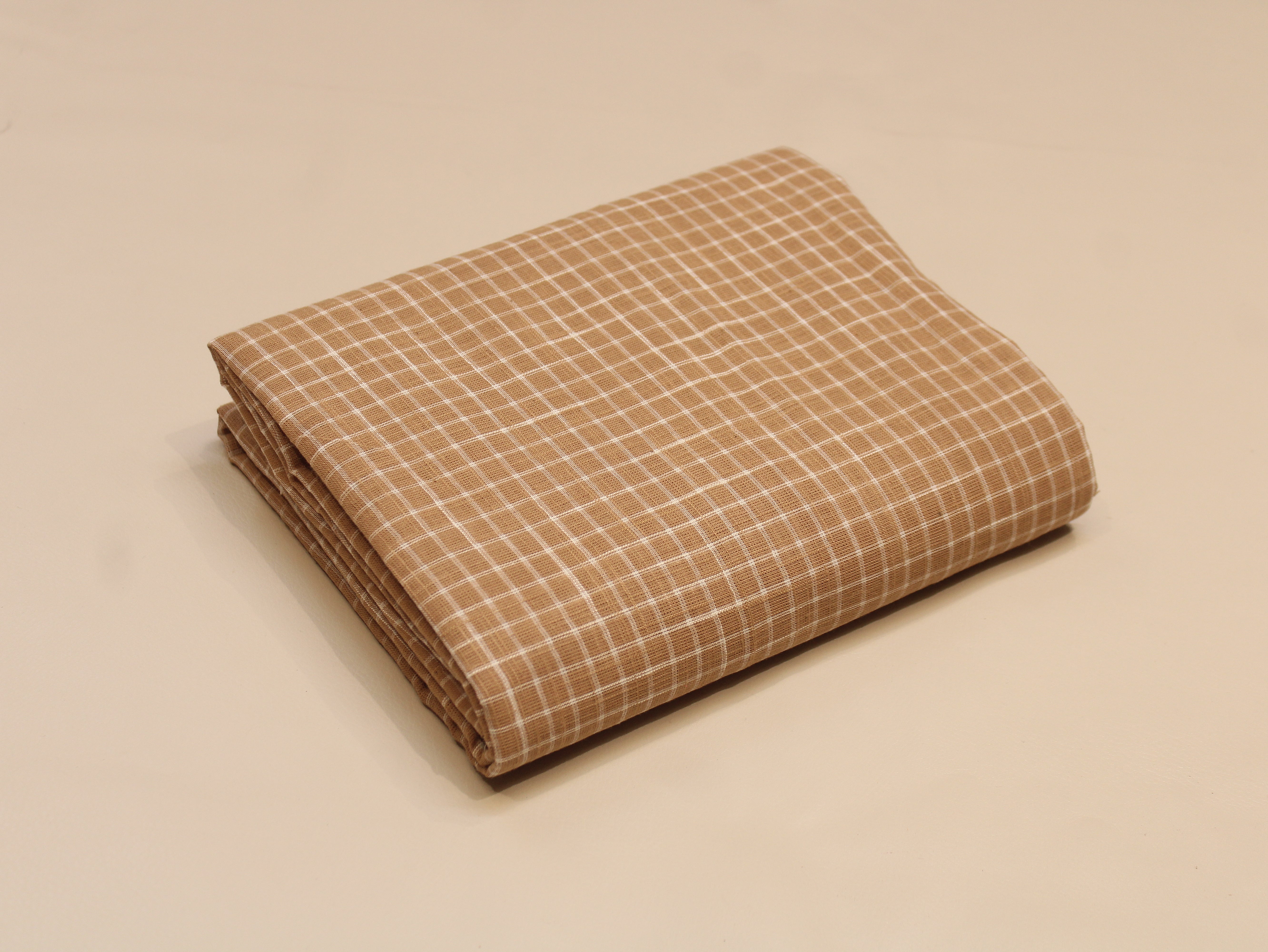 Pure Cotton Handloom Finish Non-Washed Yarn Dyed Check Fabric 44 Inch | Tan & Cream Gingham