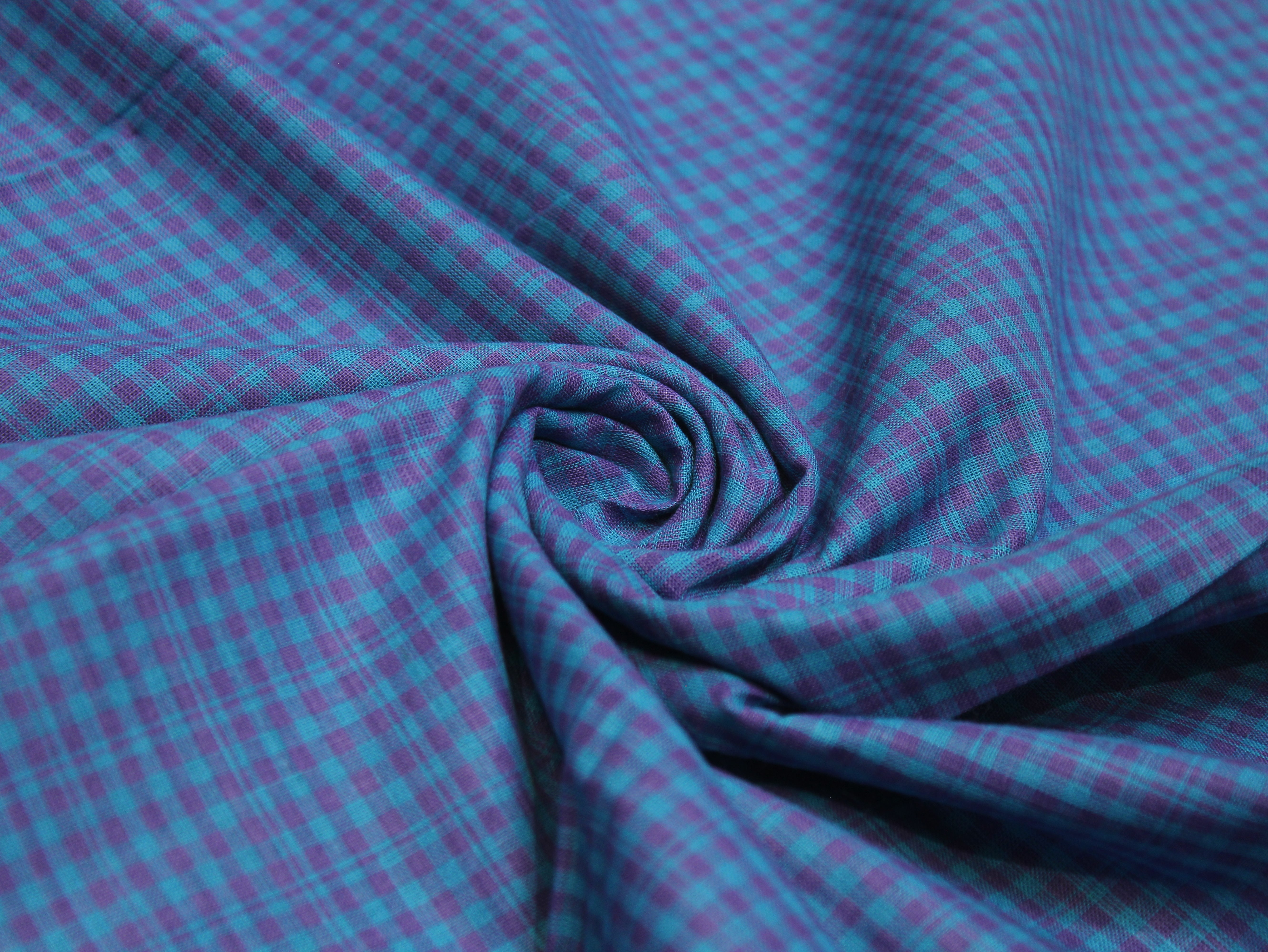 Pure Cotton Handloom Finish Check Fabric 44 Inch | Purple & Turquoise Gingham