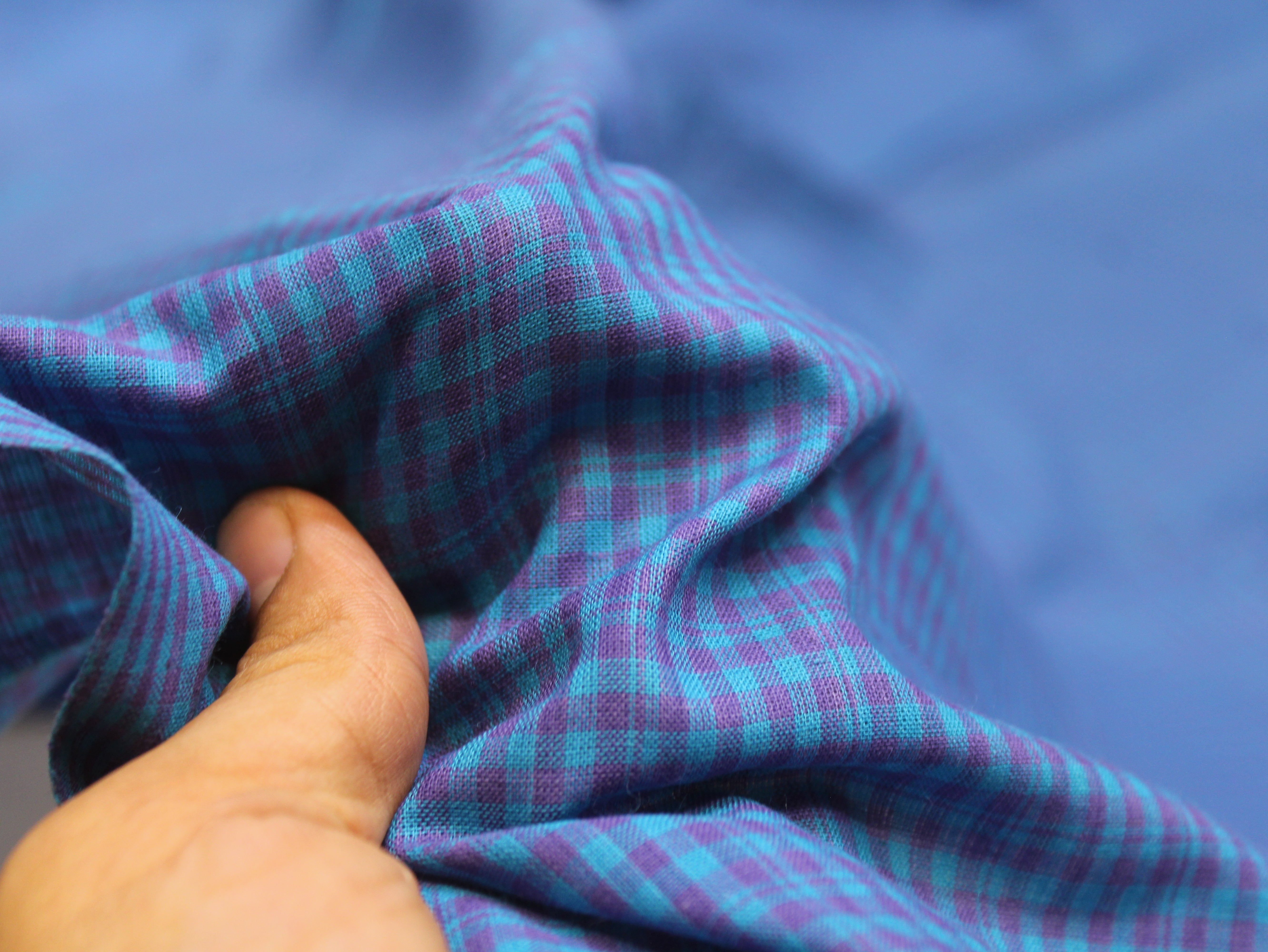 Pure Cotton Handloom Finish Check Fabric 44 Inch | Purple & Turquoise Gingham