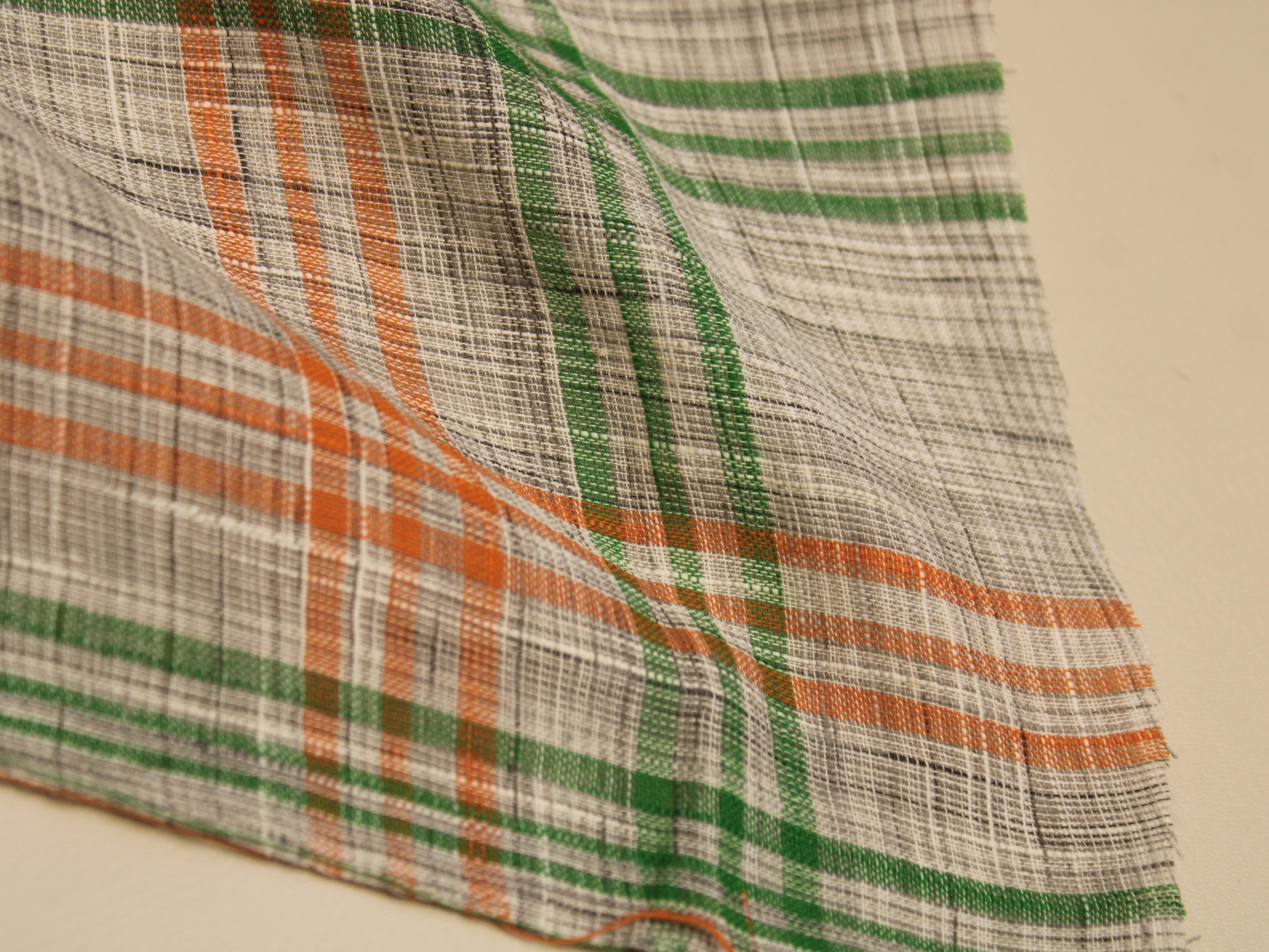 Non-Washed Cotton Handloom Finish Check Fabric 44 Inch | Green & Orange Gingham