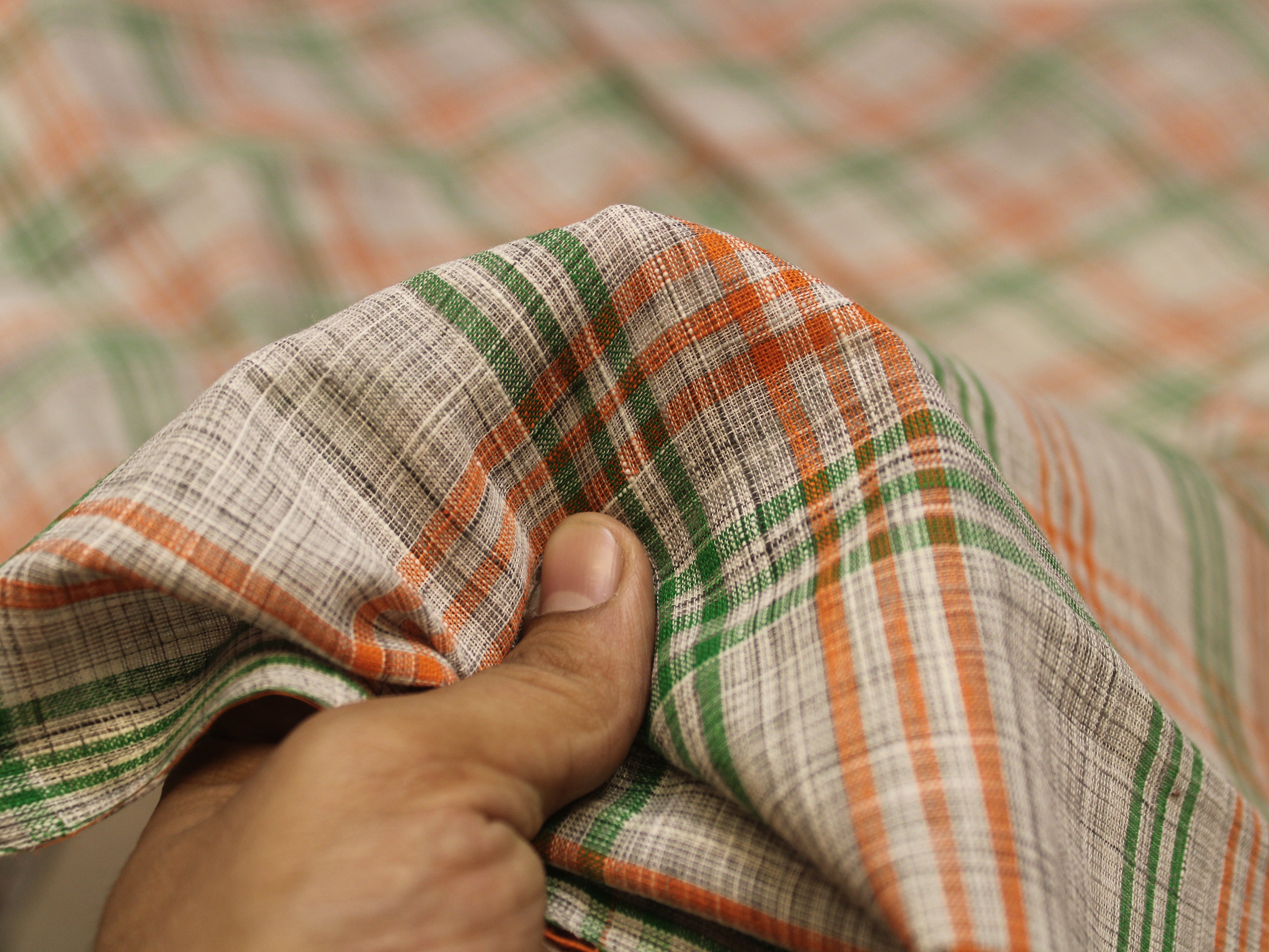 Non-Washed Cotton Handloom Finish Check Fabric 44 Inch | Green & Orange Gingham