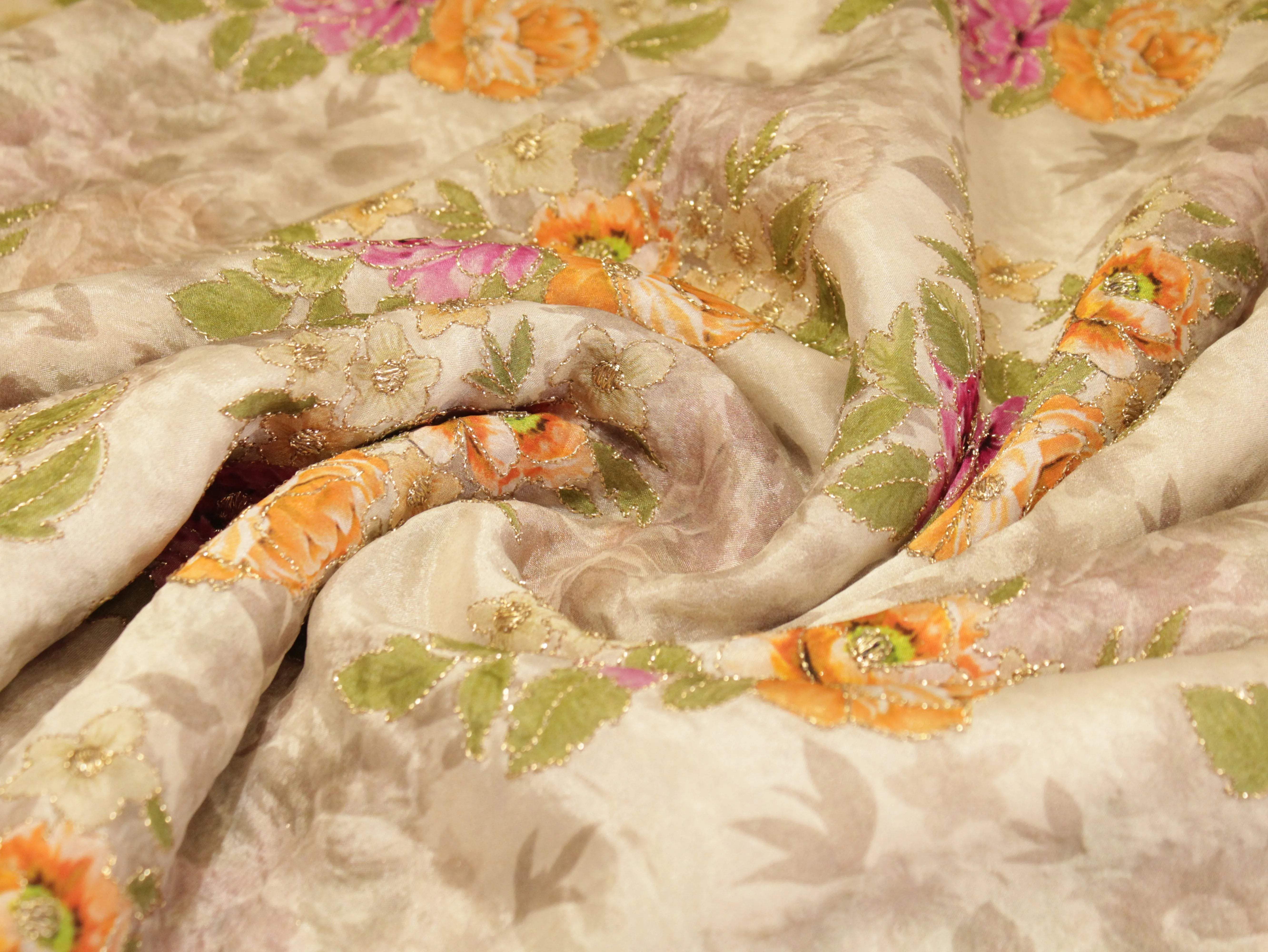 Premium Digital Print with position work Chinon Fabric - Ivory - M'Foks