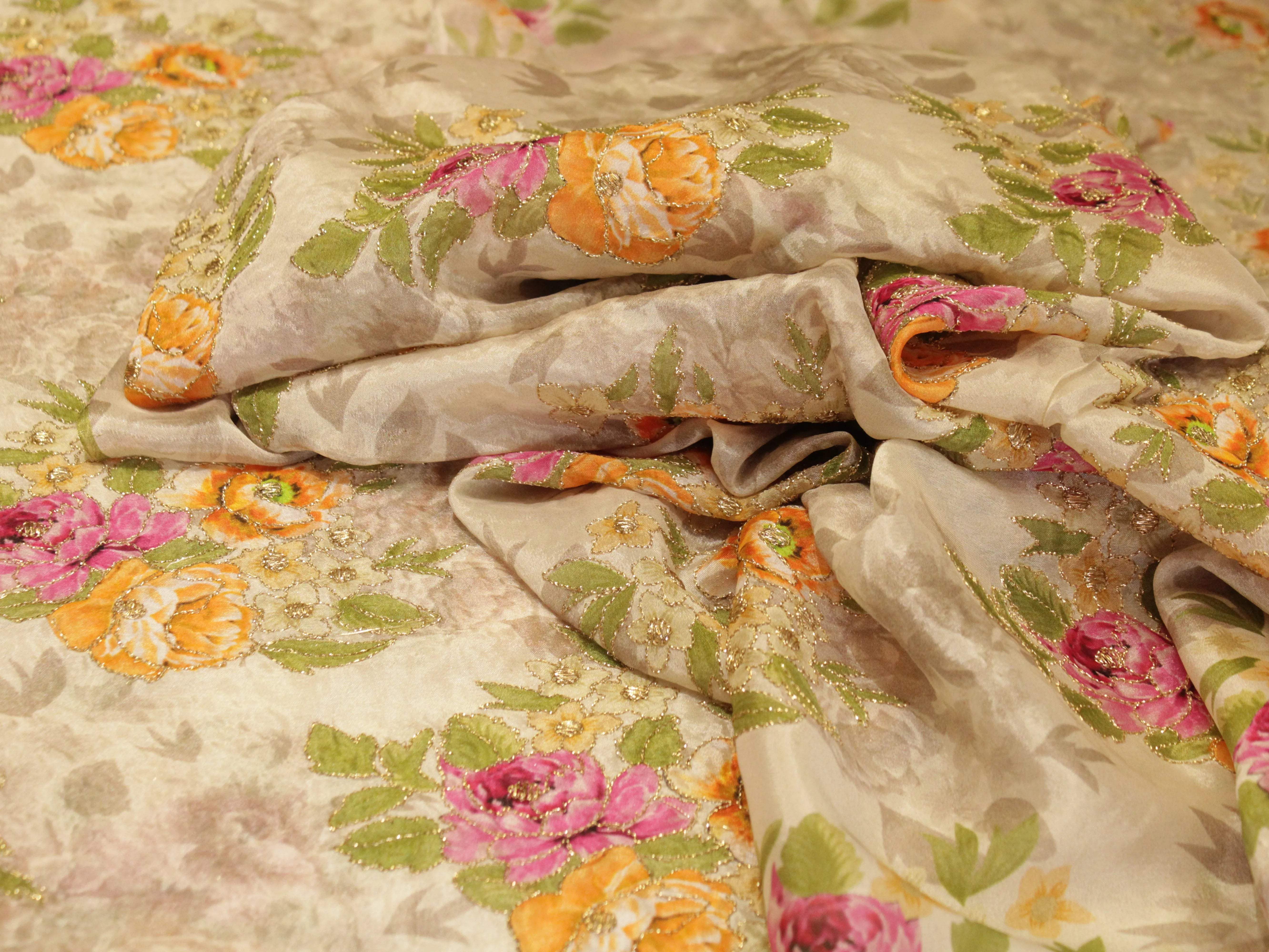 Premium Digital Print with position work Chinon Fabric - Ivory - M'Foks