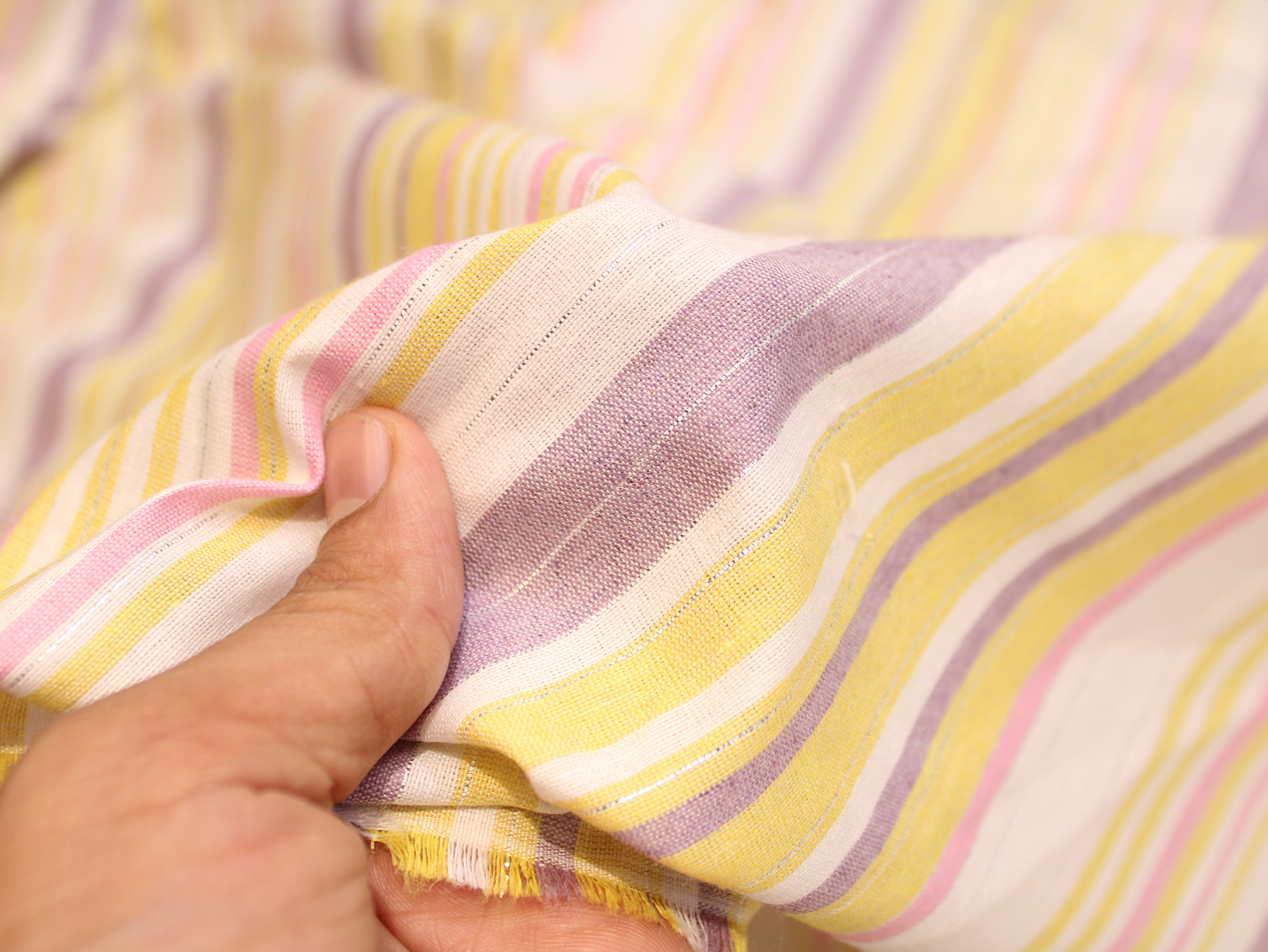 Tissu tissé main en pur coton — Rayures multicolores | 112 cm