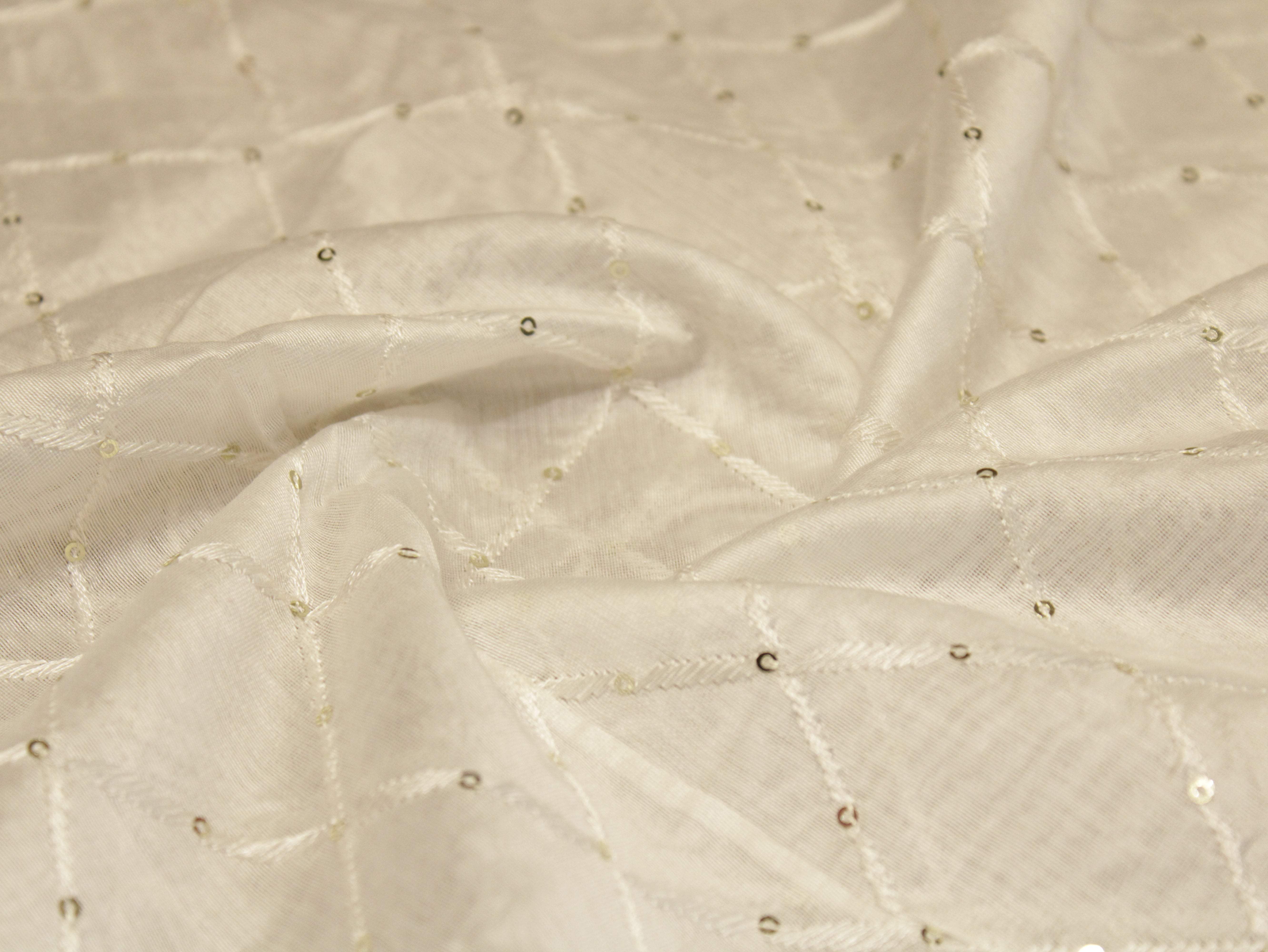 Chanderi Silk Thread & Sequin Box Work Fabric - White - M'Foks