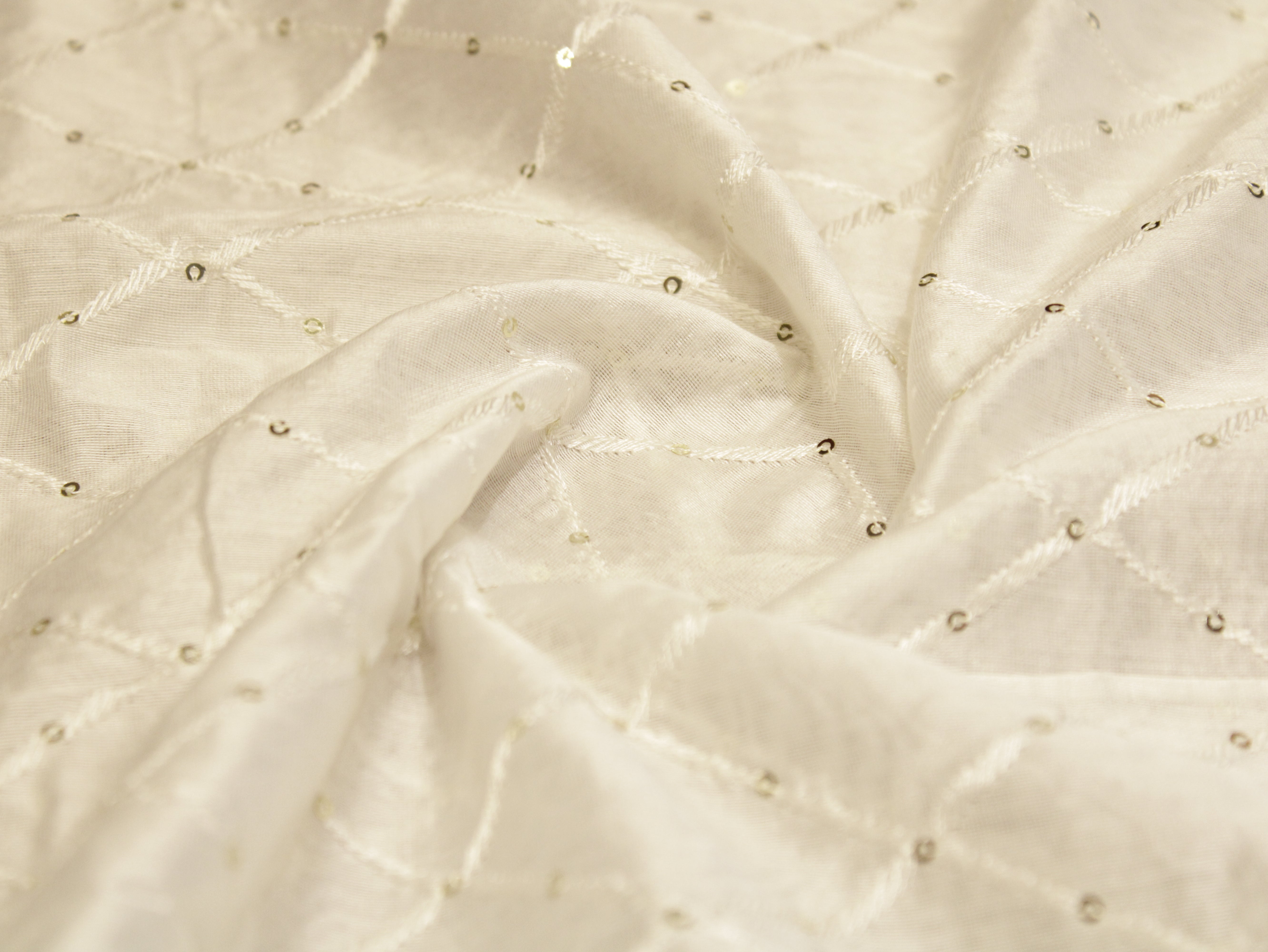 Chanderi Silk Thread & Sequin Box Work Fabric - White