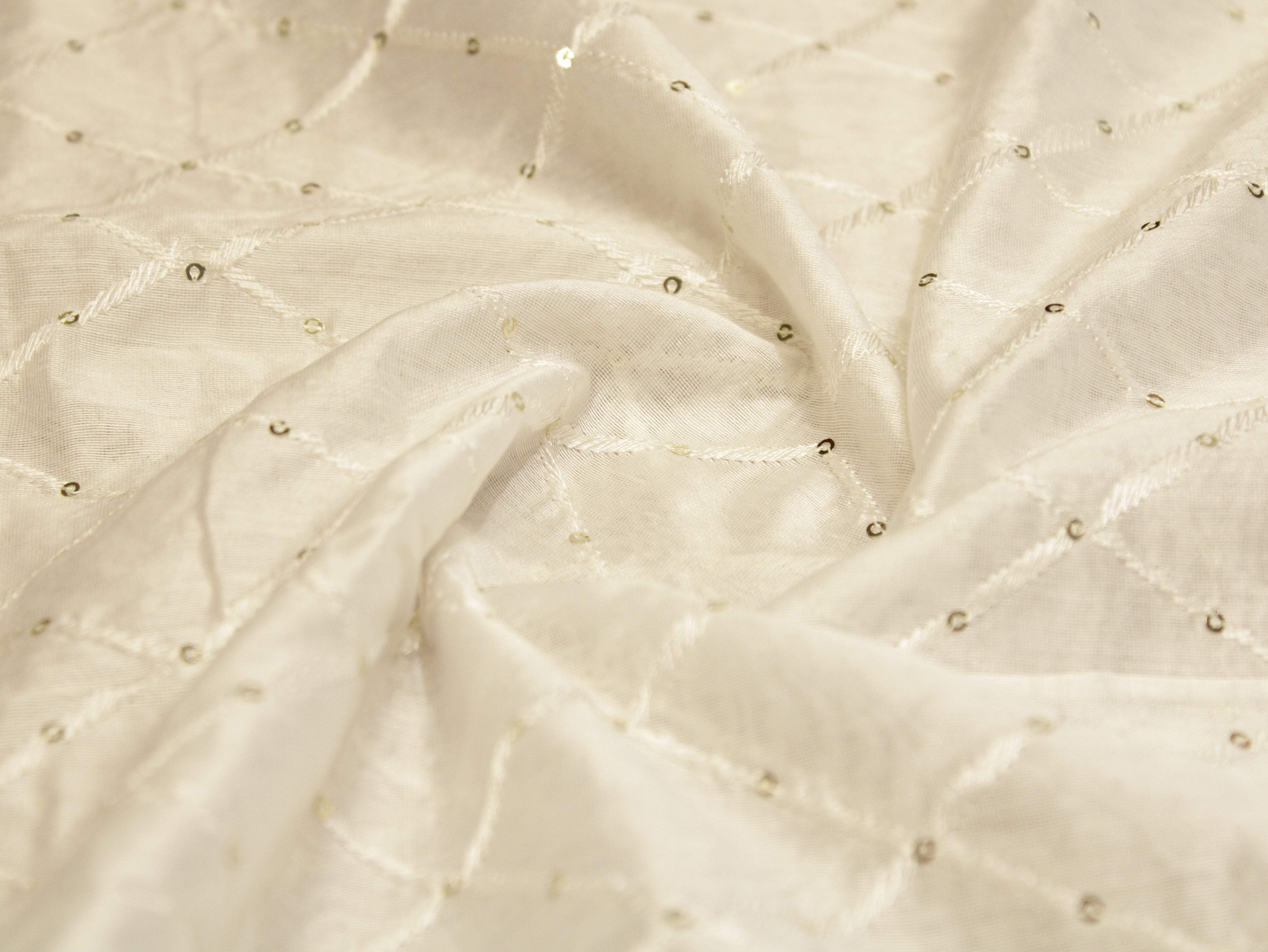 Chanderi Silk Thread & Sequin Box Work Fabric - White - M'Foks