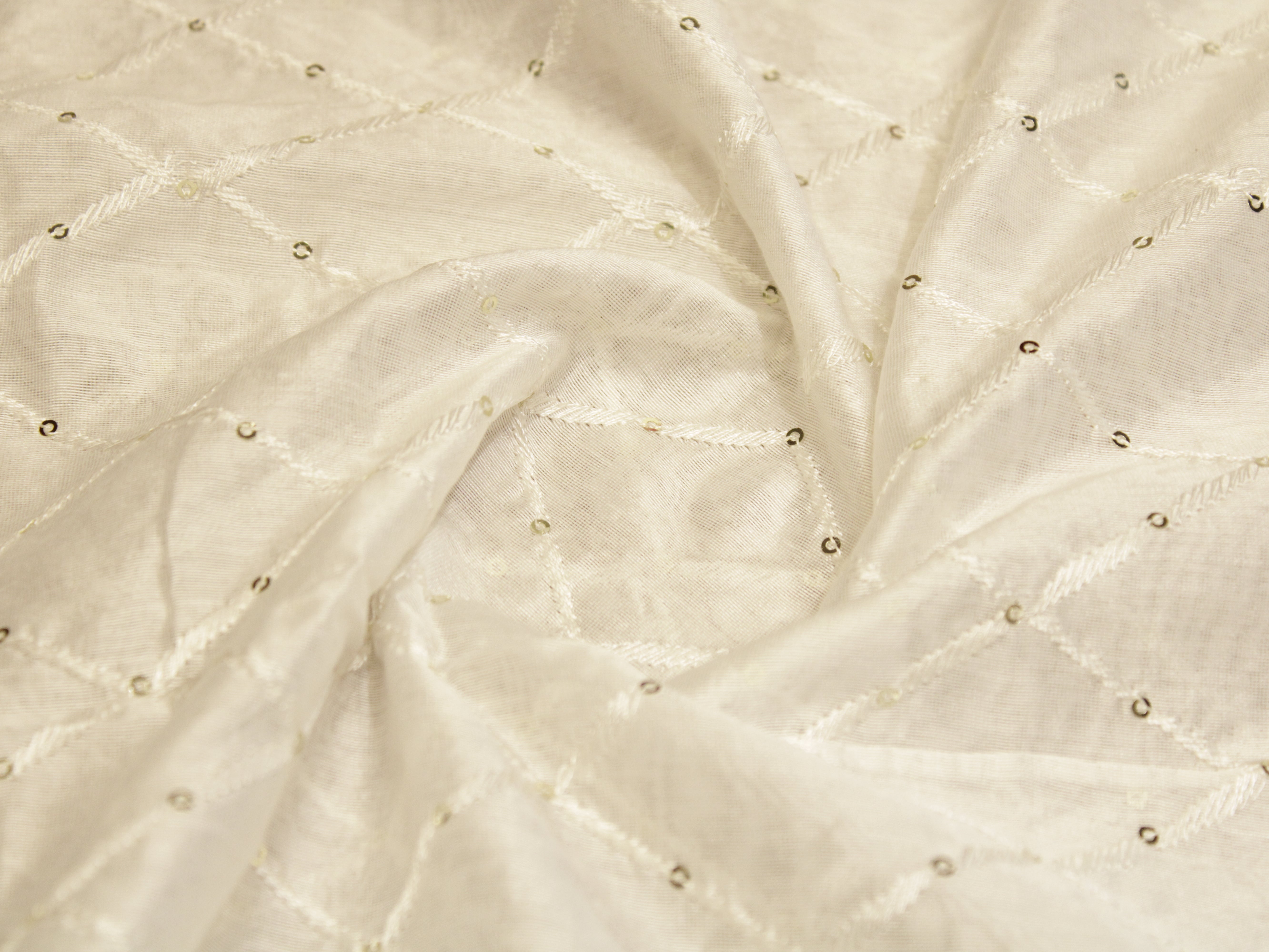 Chanderi Silk Thread & Sequin Box Work Fabric - White