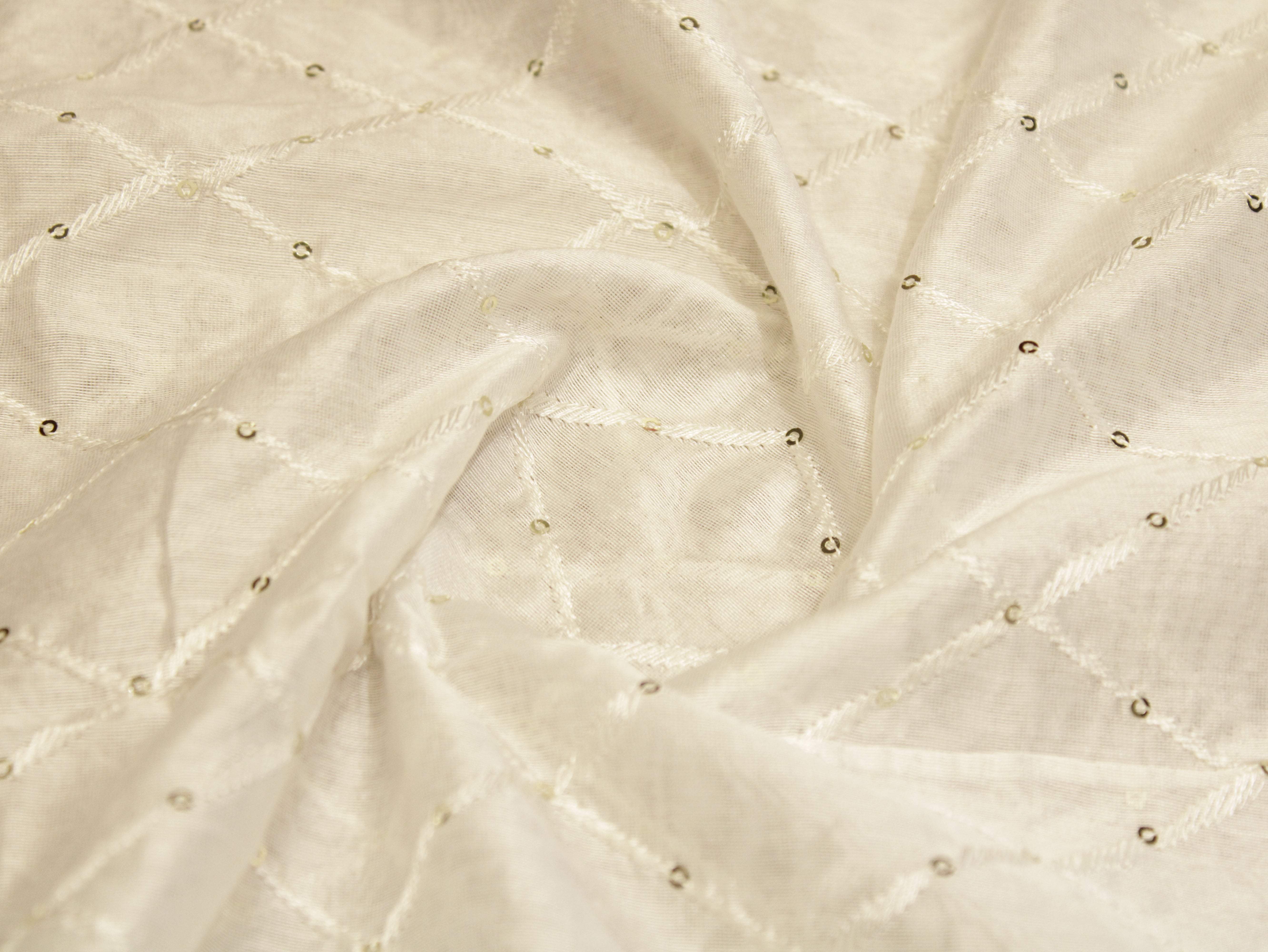 Chanderi Silk Thread & Sequin Box Work Fabric - White - M'Foks