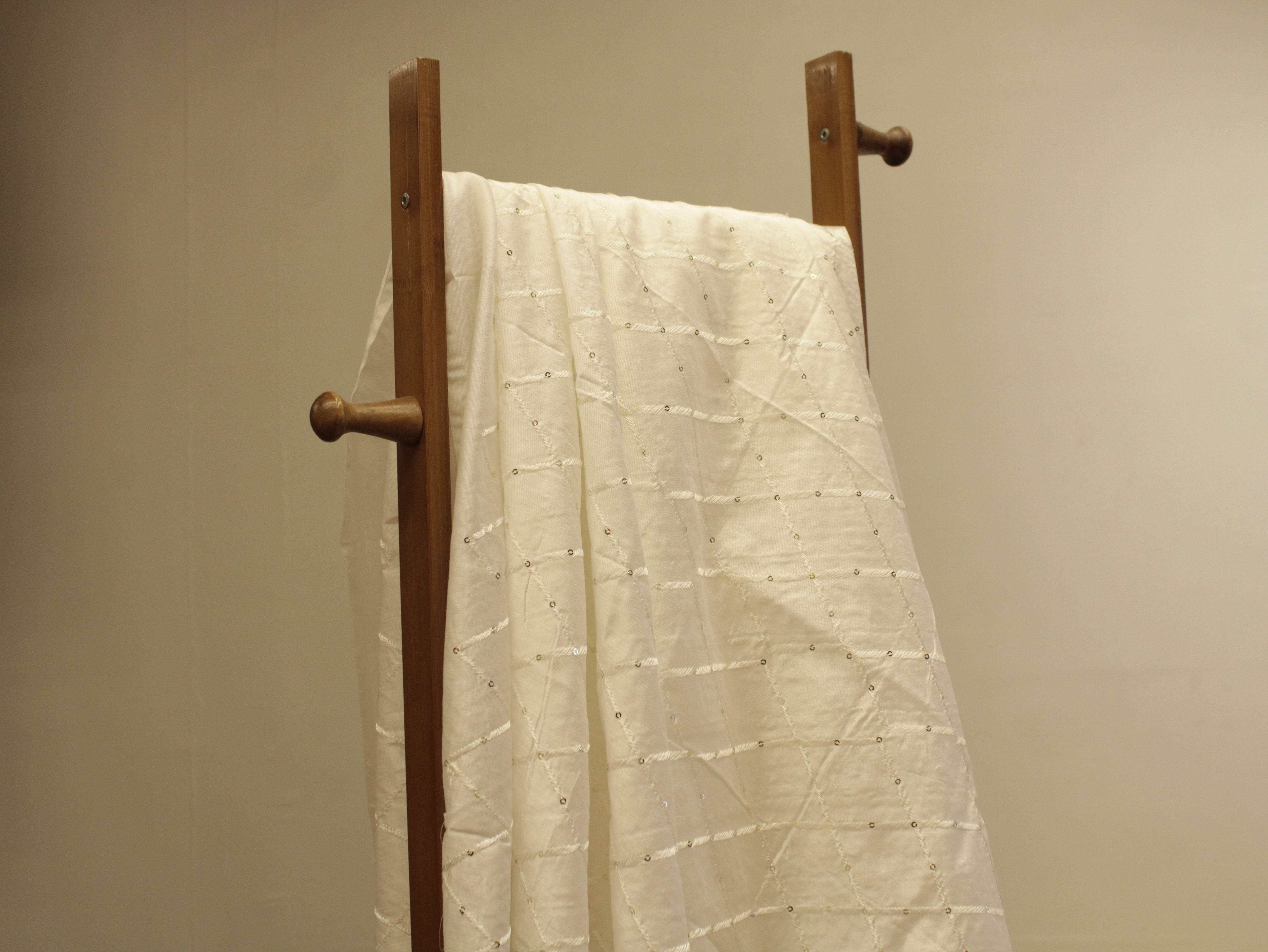 Chanderi Silk Thread & Sequin Box Work Fabric - White - M'Foks