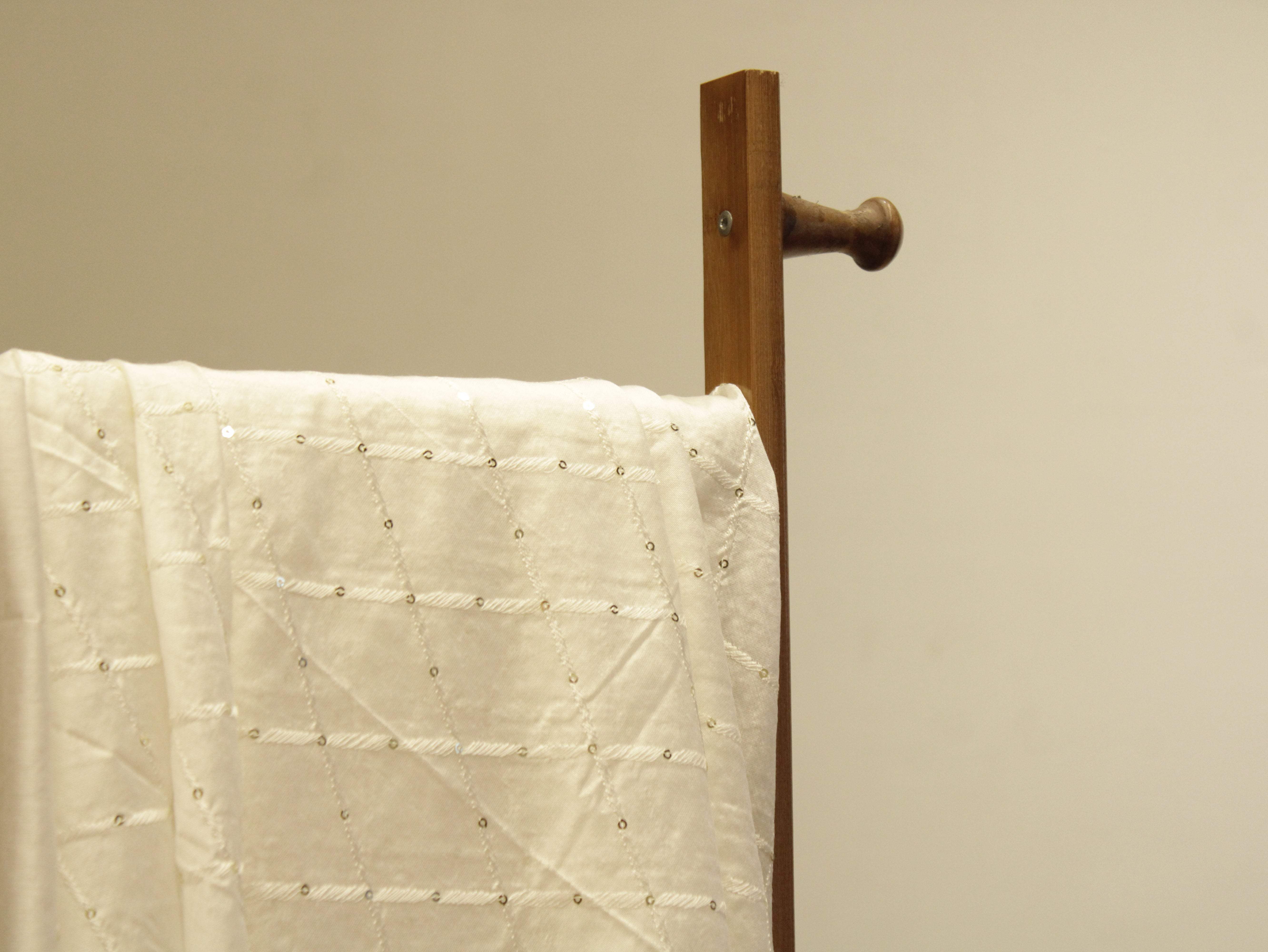 Chanderi Silk Thread & Sequin Box Work Fabric - White - M'Foks