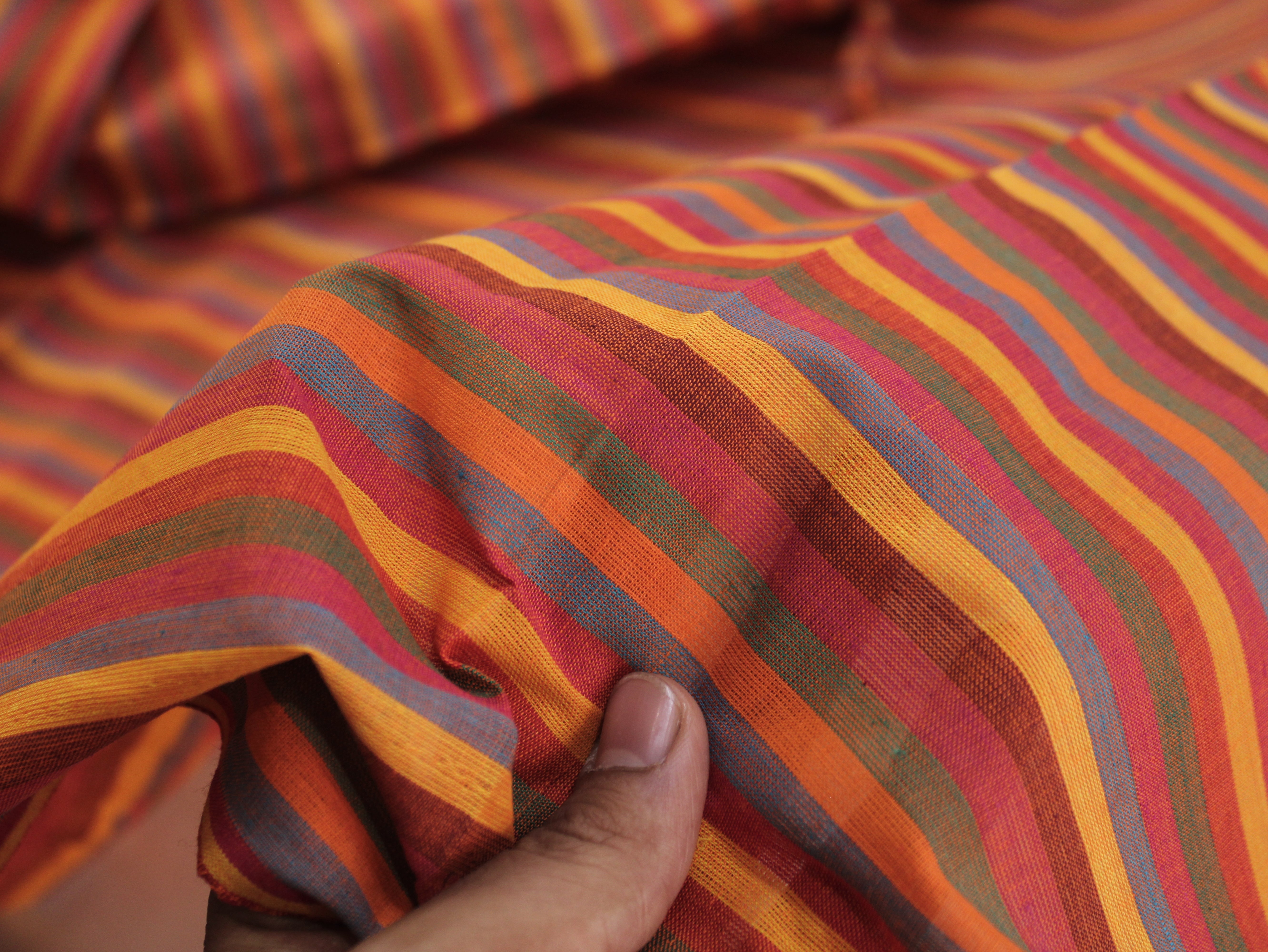 Pure Cotton Yarn-Dyed Handloom Multicolour Stripe Fabric — Autumn Blaze