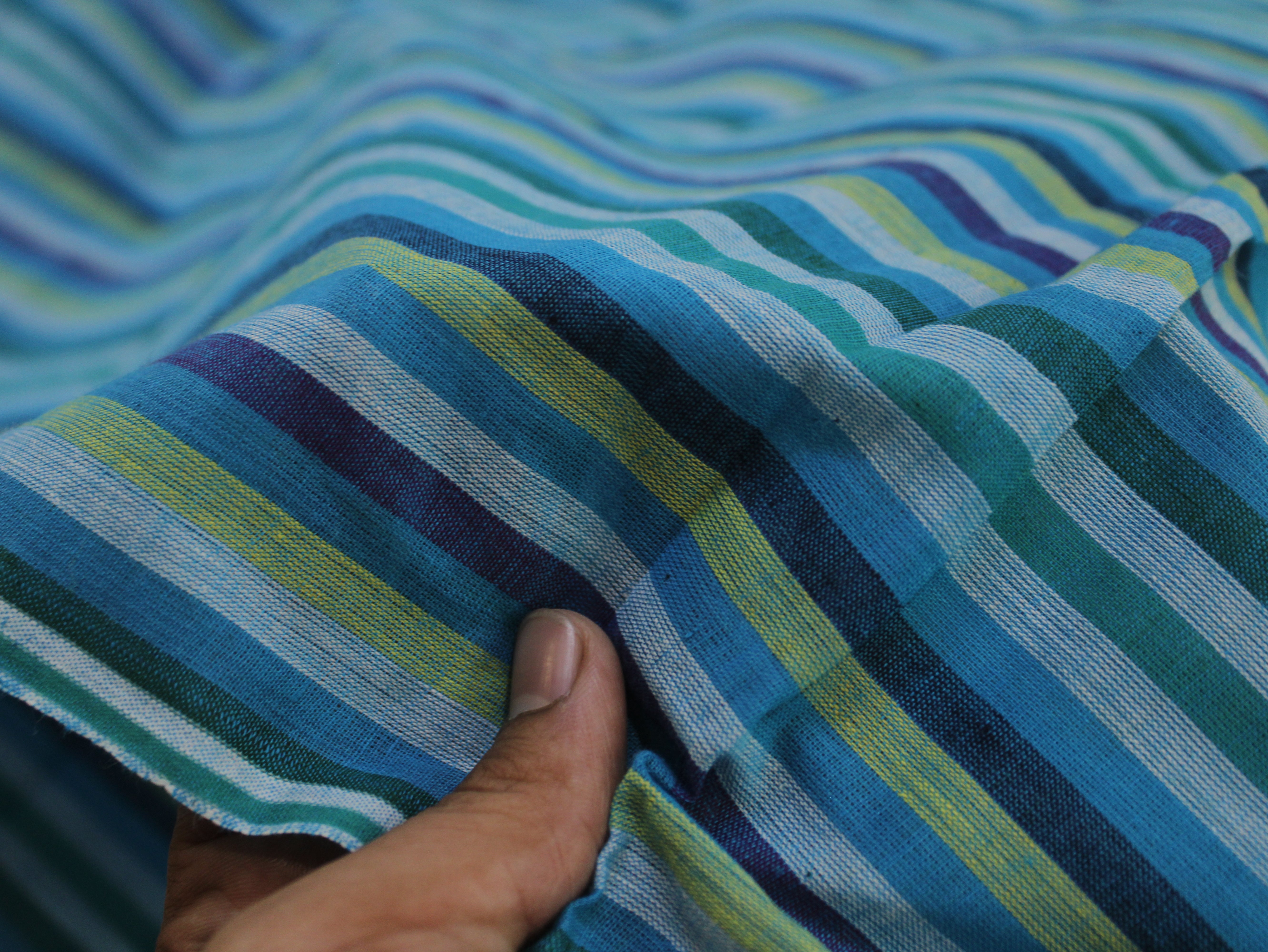Pure Cotton Yarn-Dyed Handloom Multicolour Stripe Fabric — Ocean Teal