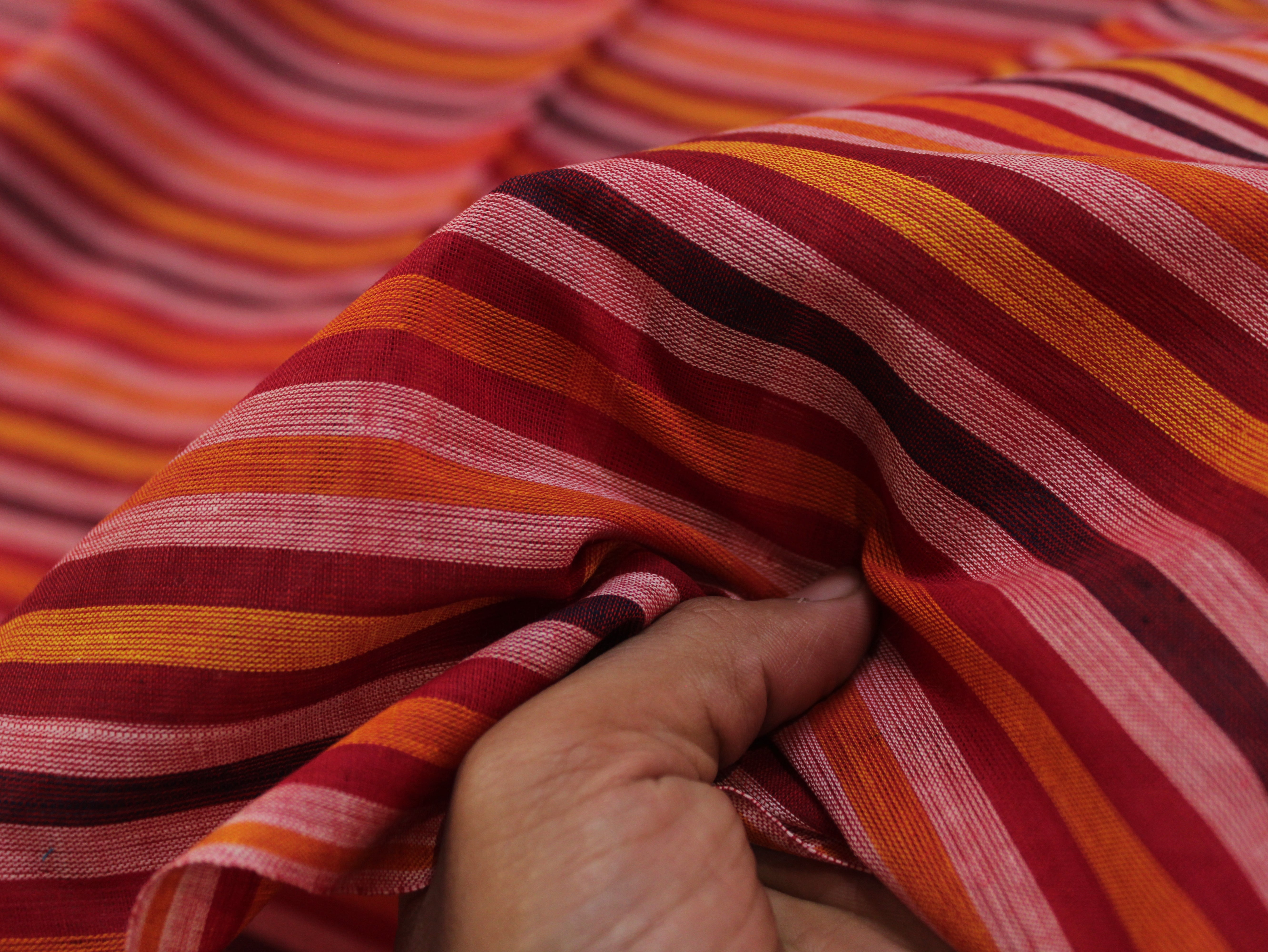 Pure Cotton Yarn-Dyed Handloom Multicolour Stripe Fabric — Maroon Ember