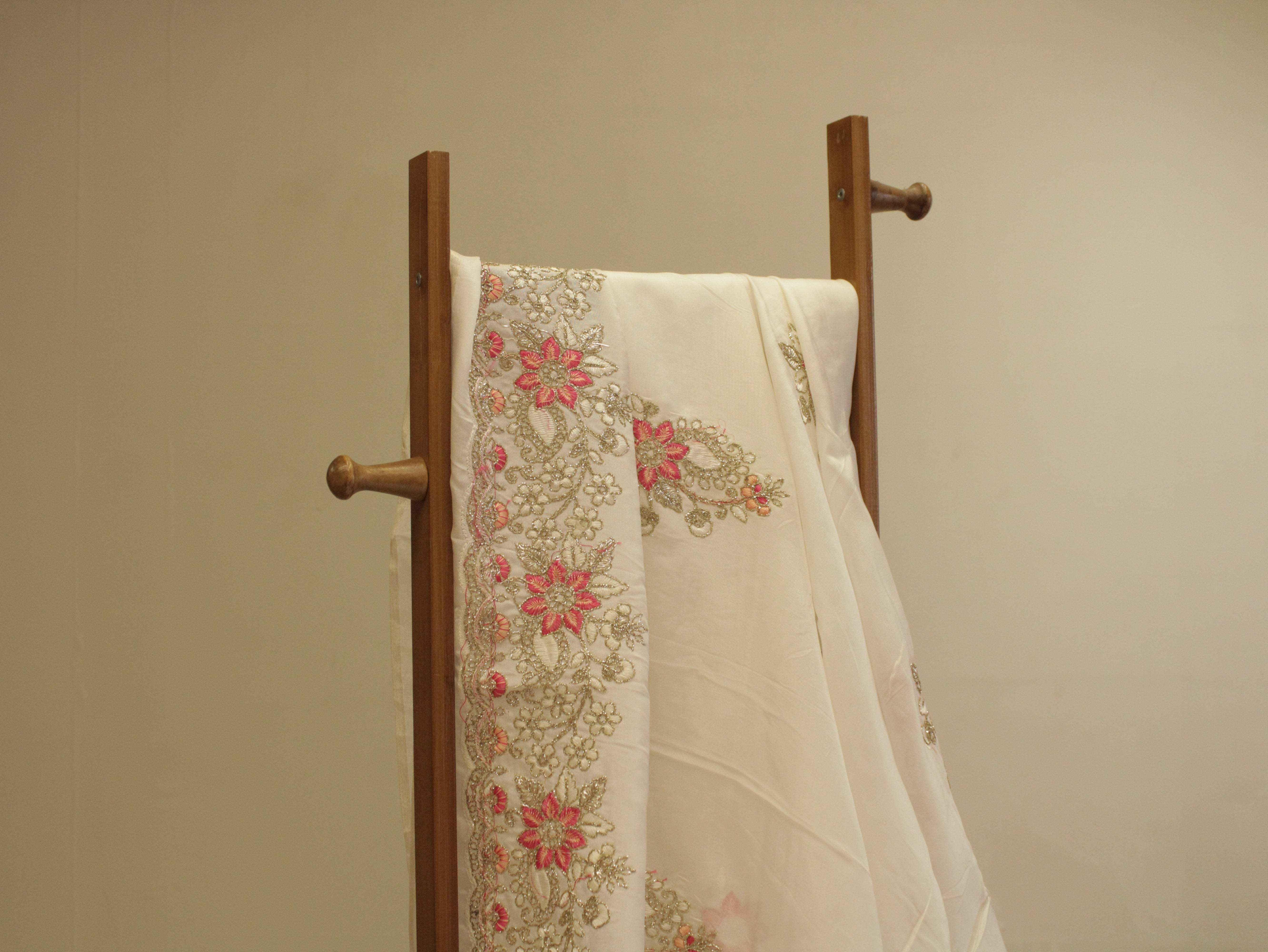 Premium Coding Panel Work Upada Silk Fabric - White Dyeale - M'Foks