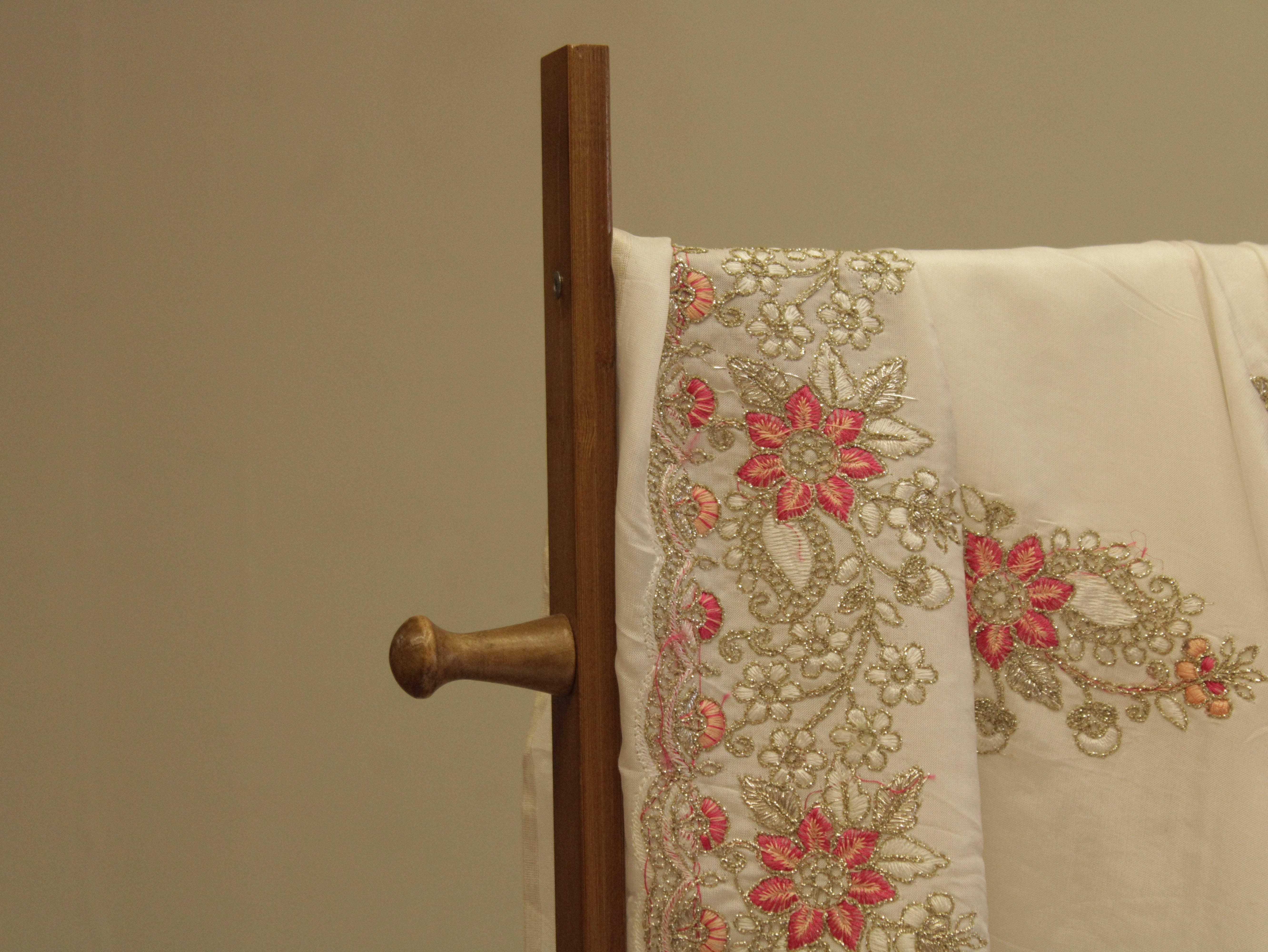 Premium Coding Panel Work Upada Silk Fabric - White Dyeale - M'Foks