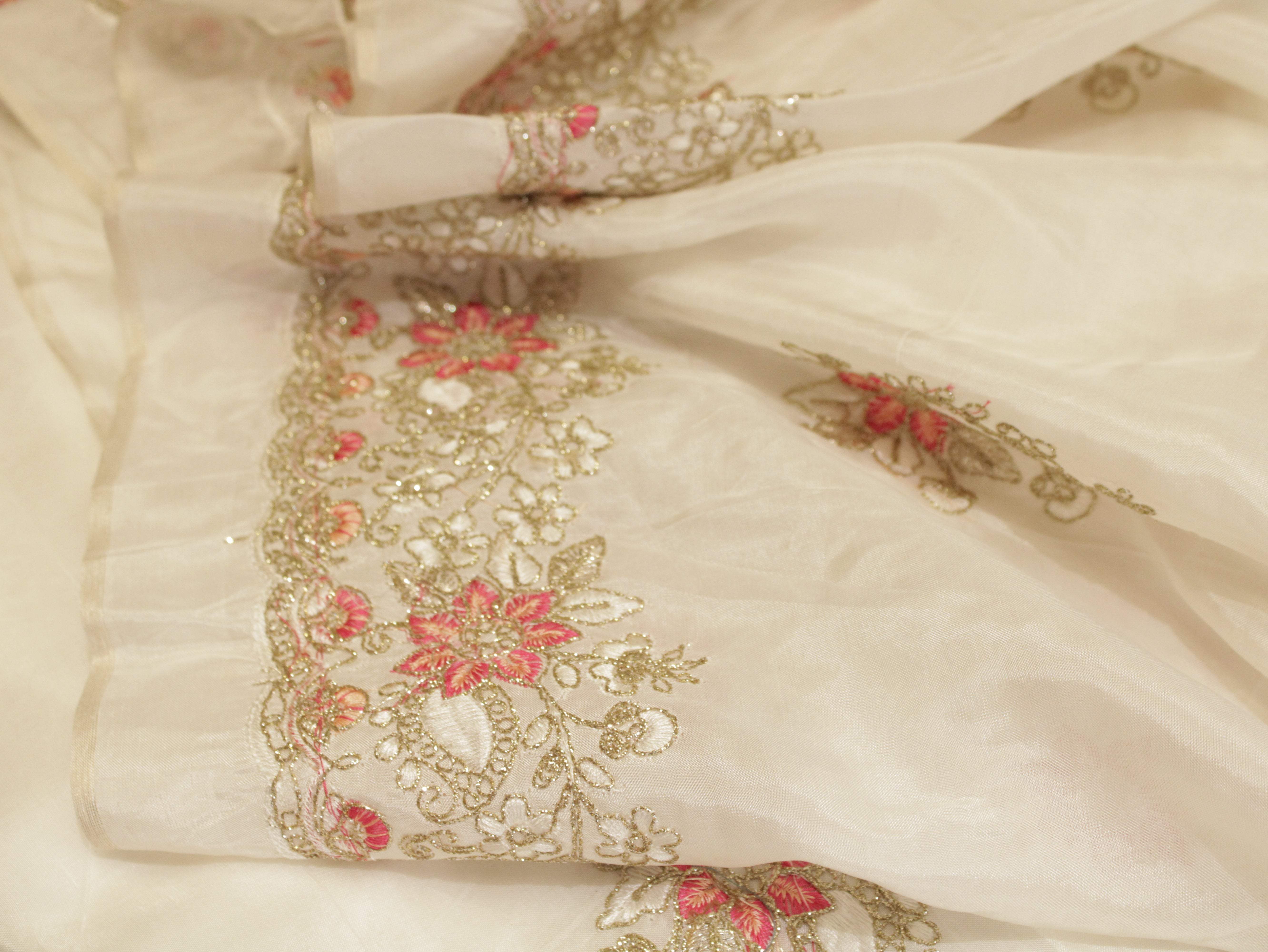 Premium Coding Panel Work Upada Silk Fabric - White Dyeale - M'Foks