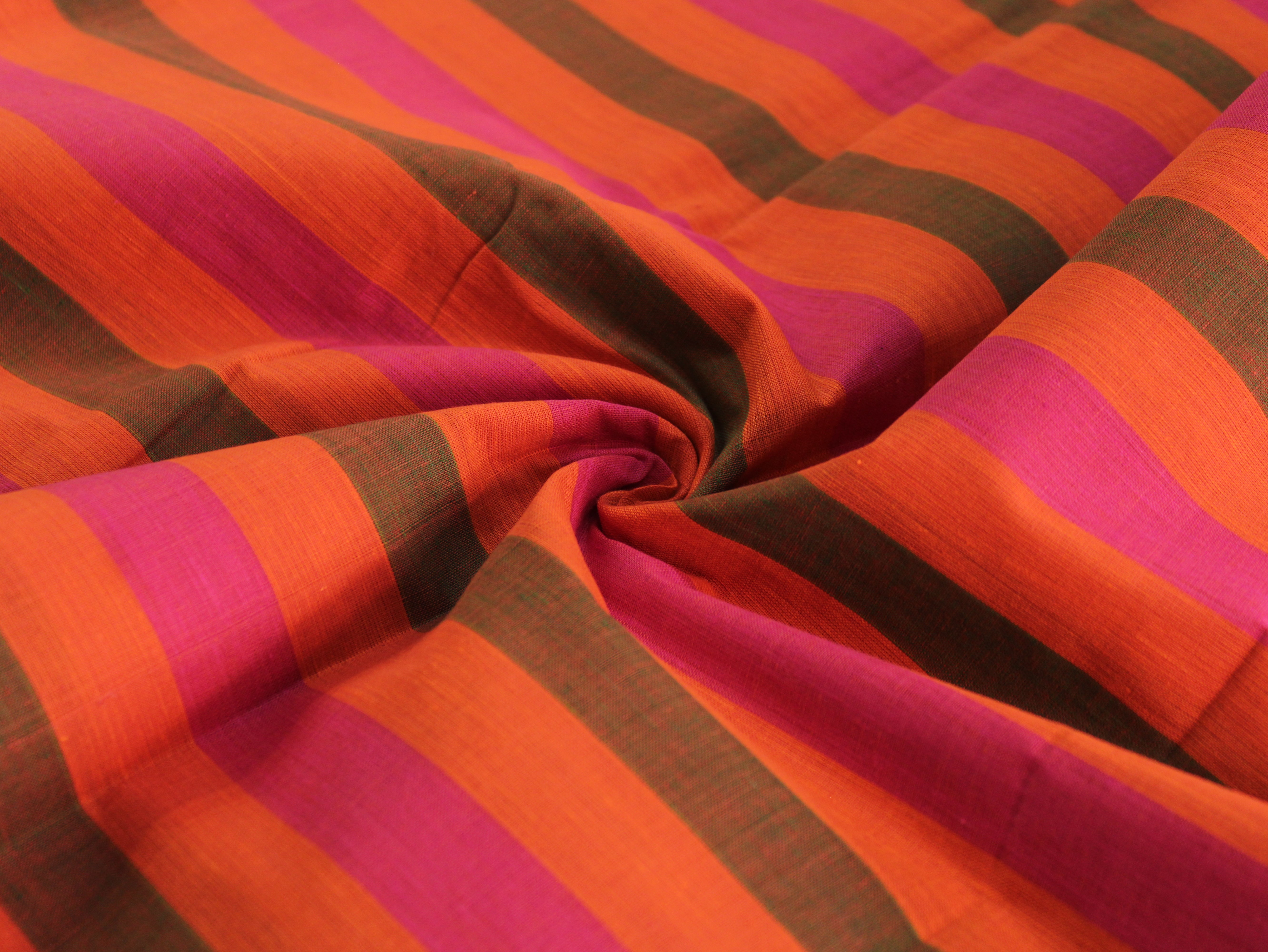 Pure Cotton Handloom Multicolour Stripe Fabric | Flame Fuchsia | 44 Inch | Non-Washed