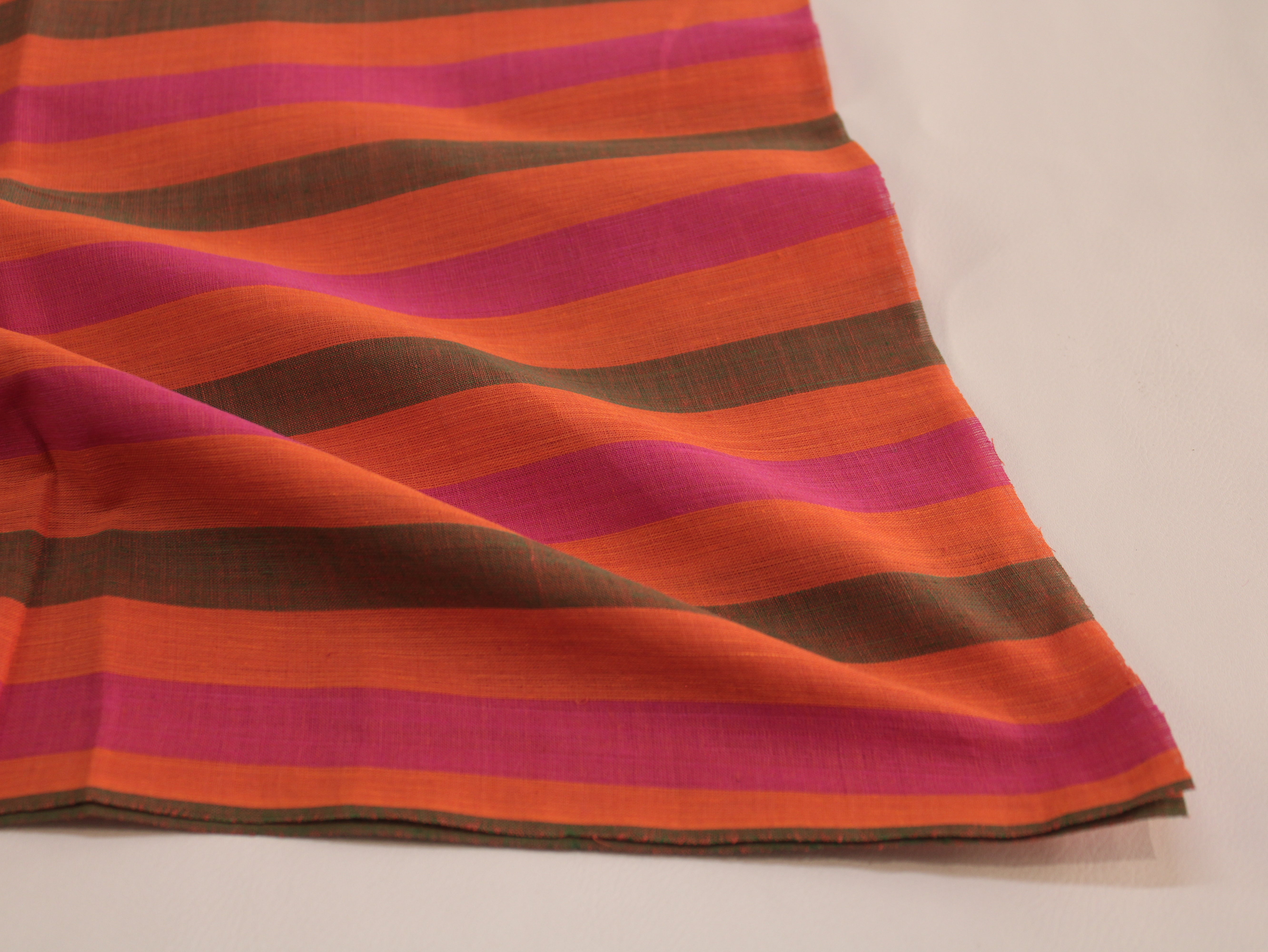 Pure Cotton Handloom Multicolour Stripe Fabric | Flame Fuchsia | 44 Inch | Non-Washed