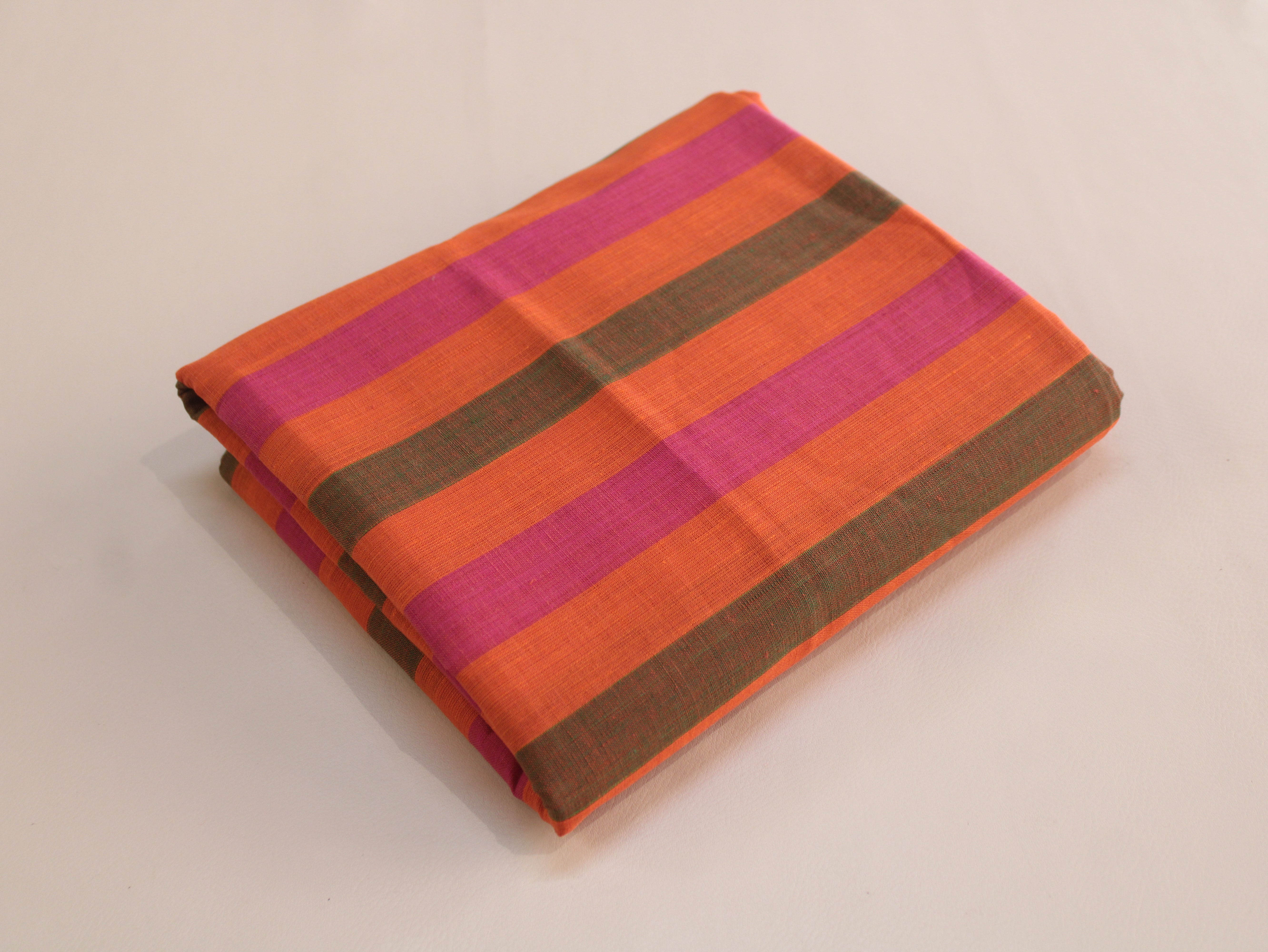 Pure Cotton Handloom Multicolour Stripe Fabric | Flame Fuchsia | 44 Inch | Non-Washed