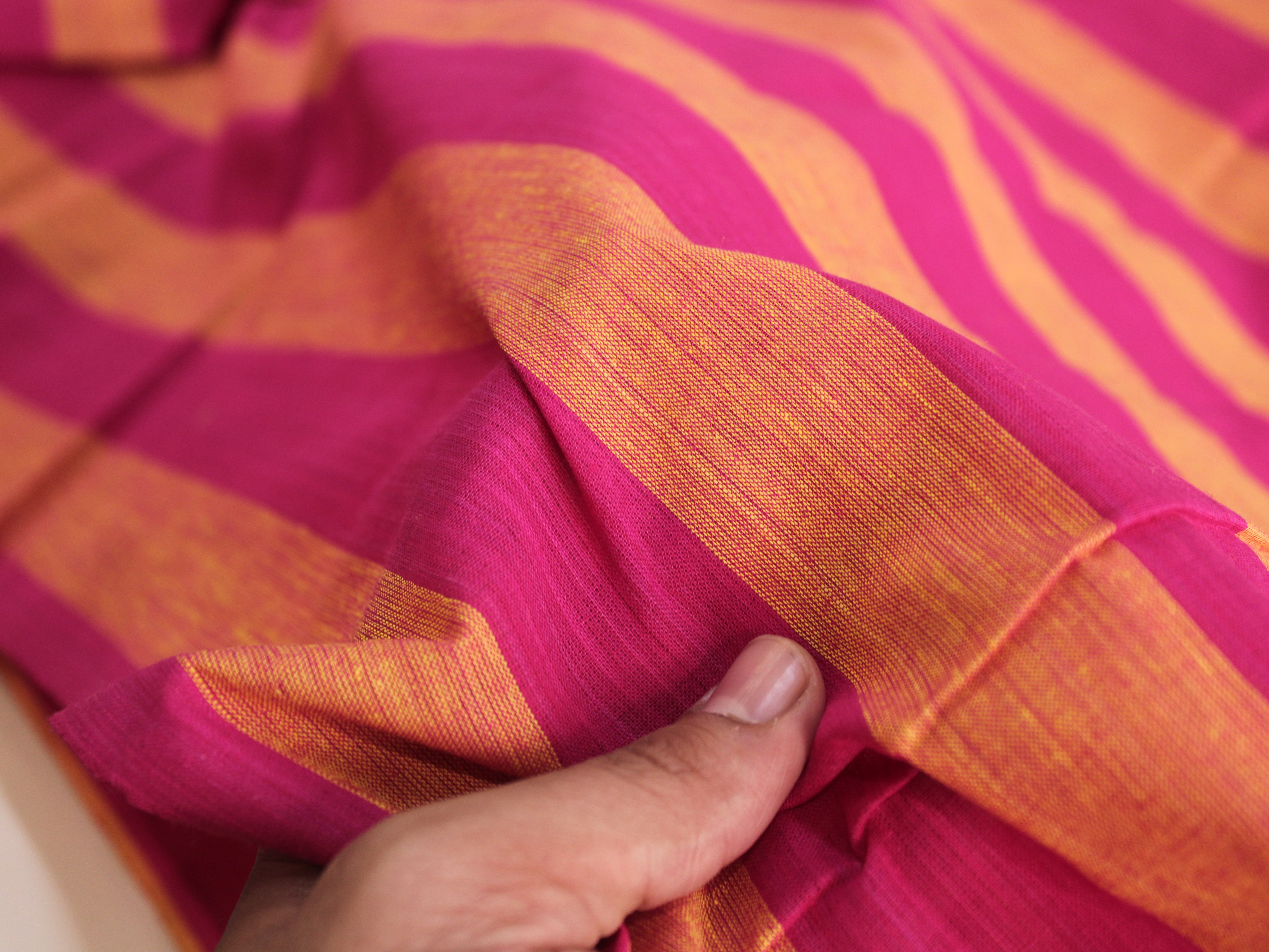 Pure Cotton Handloom Multicolour Stripe Fabric | Fuchsia Marigold | 44 Inch | Non-Washed