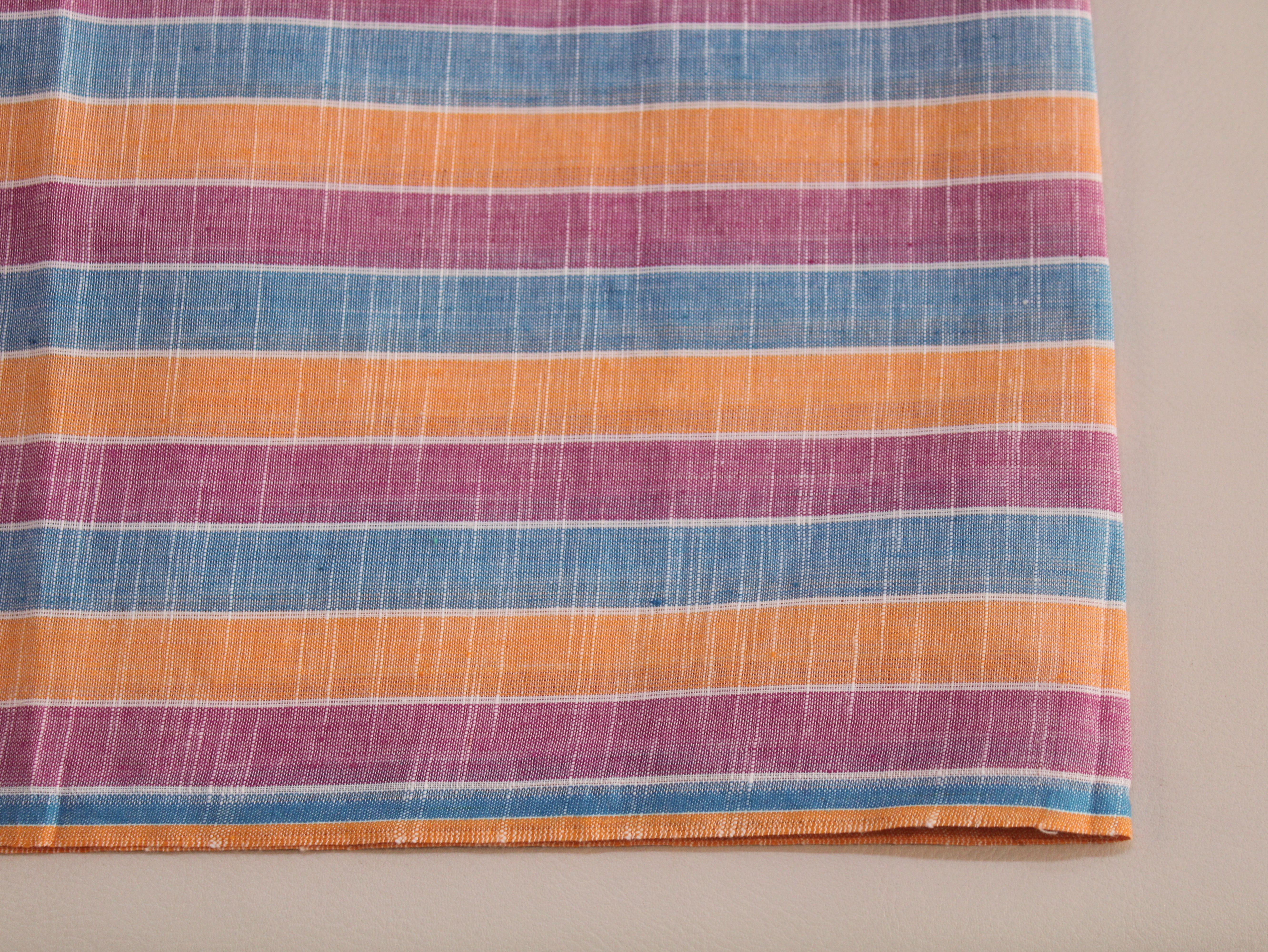 Pure Cotton Handloom Multicolour Stripe Fabric | Blue Pink Orange | 44 Inch | Non-Washed | 100 GSM