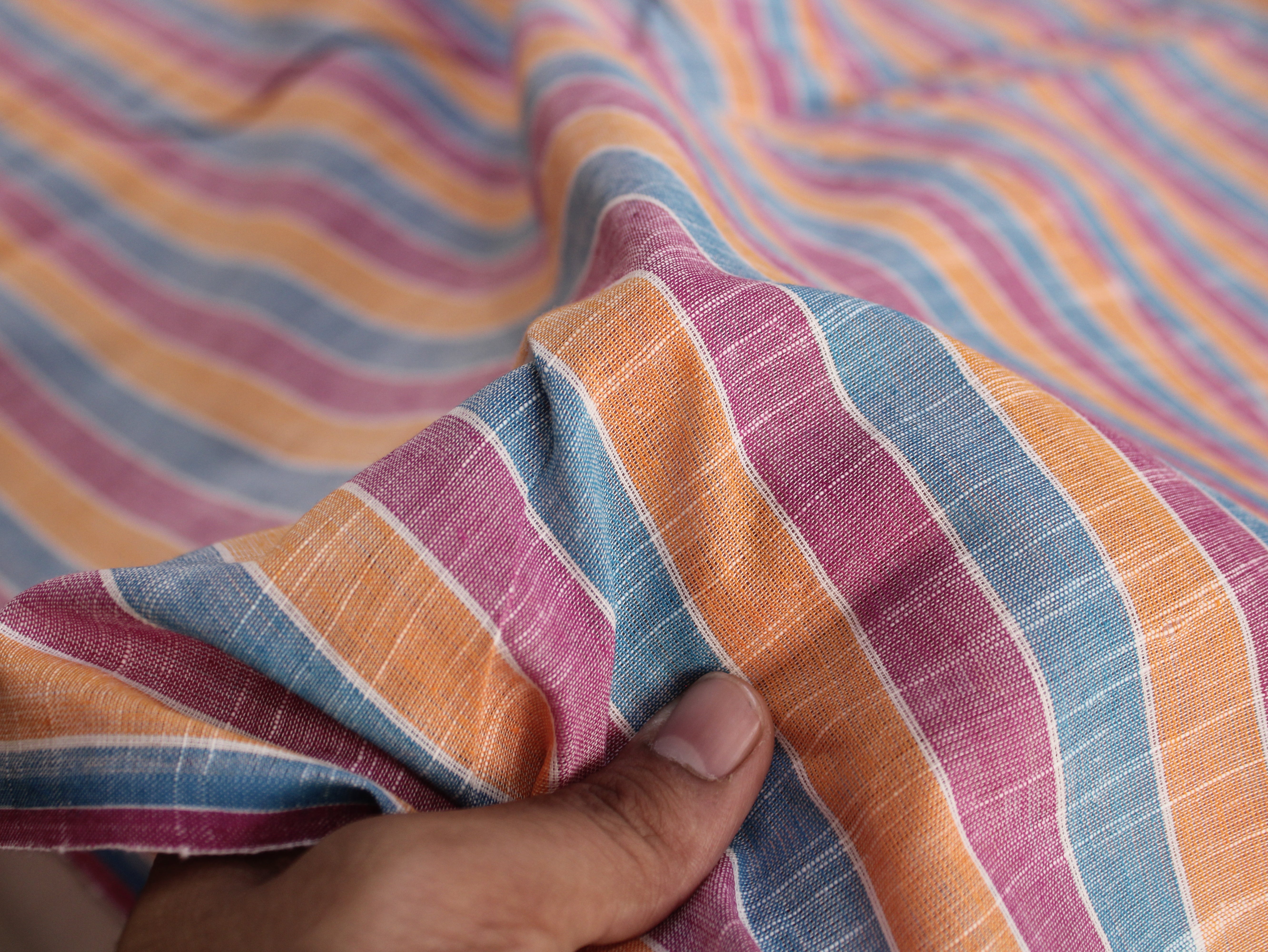 Pure Cotton Handloom Multicolour Stripe Fabric | Blue Pink Orange | 44 Inch | Non-Washed | 100 GSM