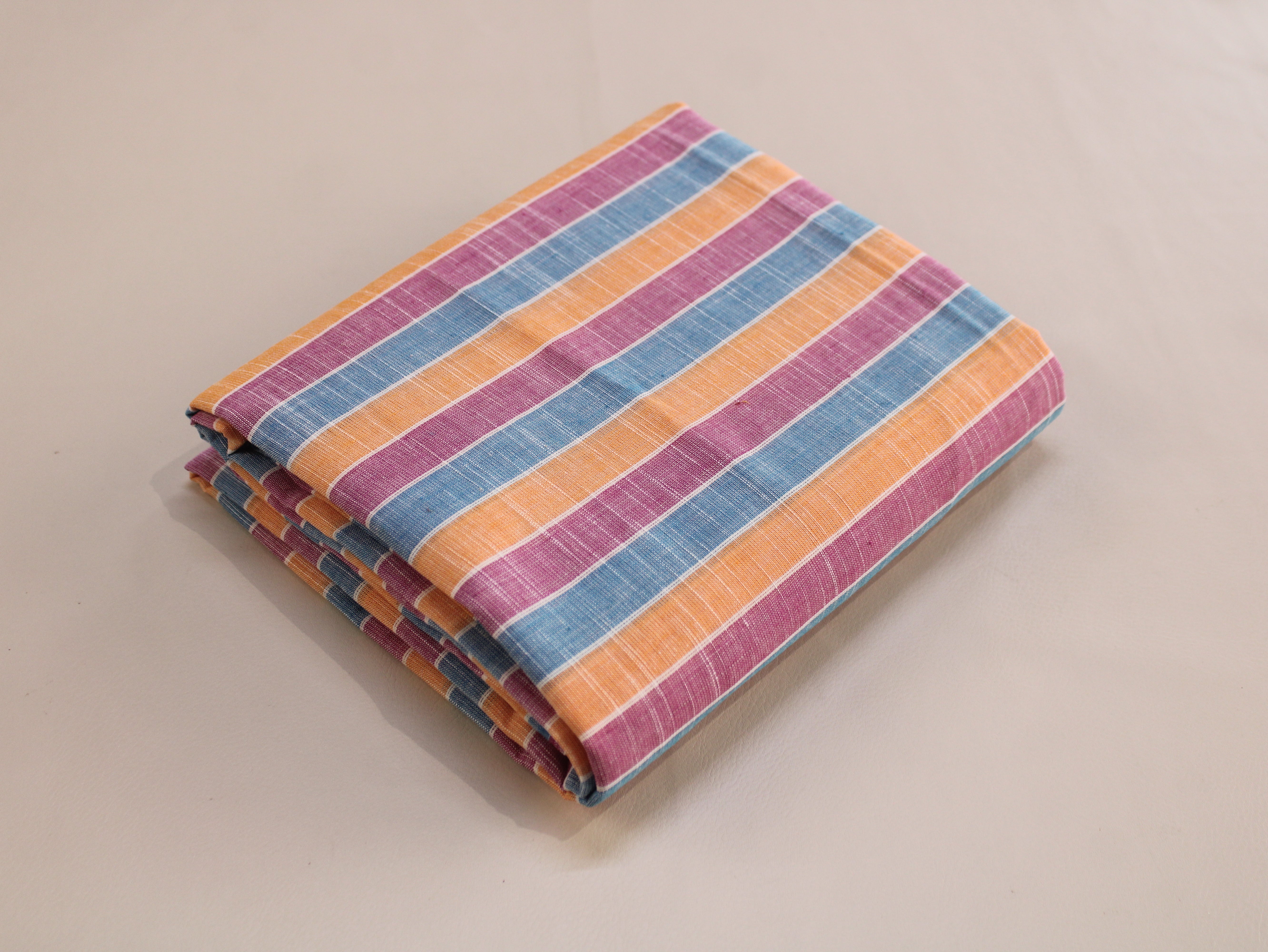 Pure Cotton Handloom Multicolour Stripe Fabric | Blue Pink Orange | 44 Inch | Non-Washed | 100 GSM