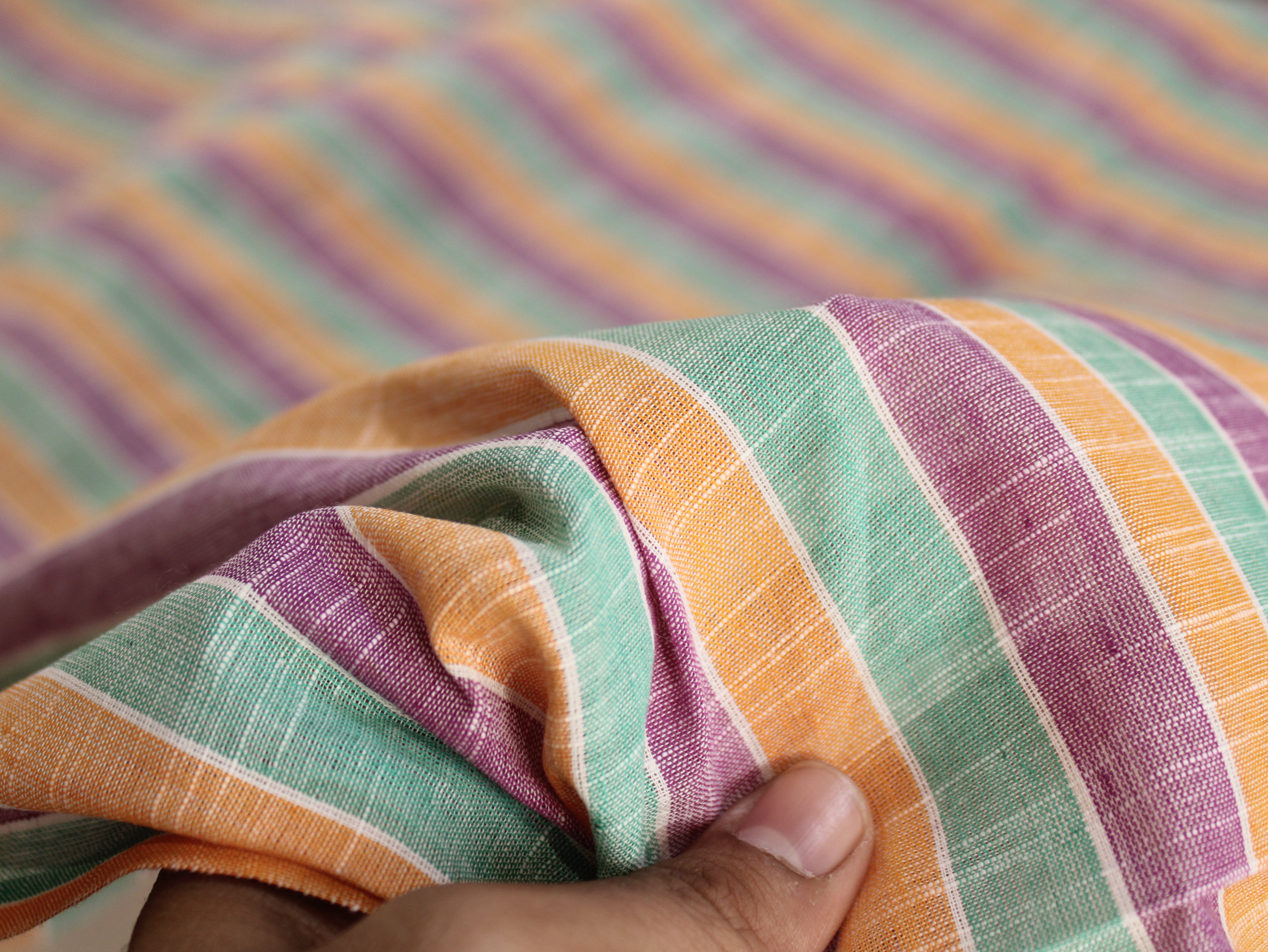 Pure Cotton Handloom Multicolour Stripe Fabric | Mint Green Purple Orange | 44 Inch | Non-Washed | 100 GSM