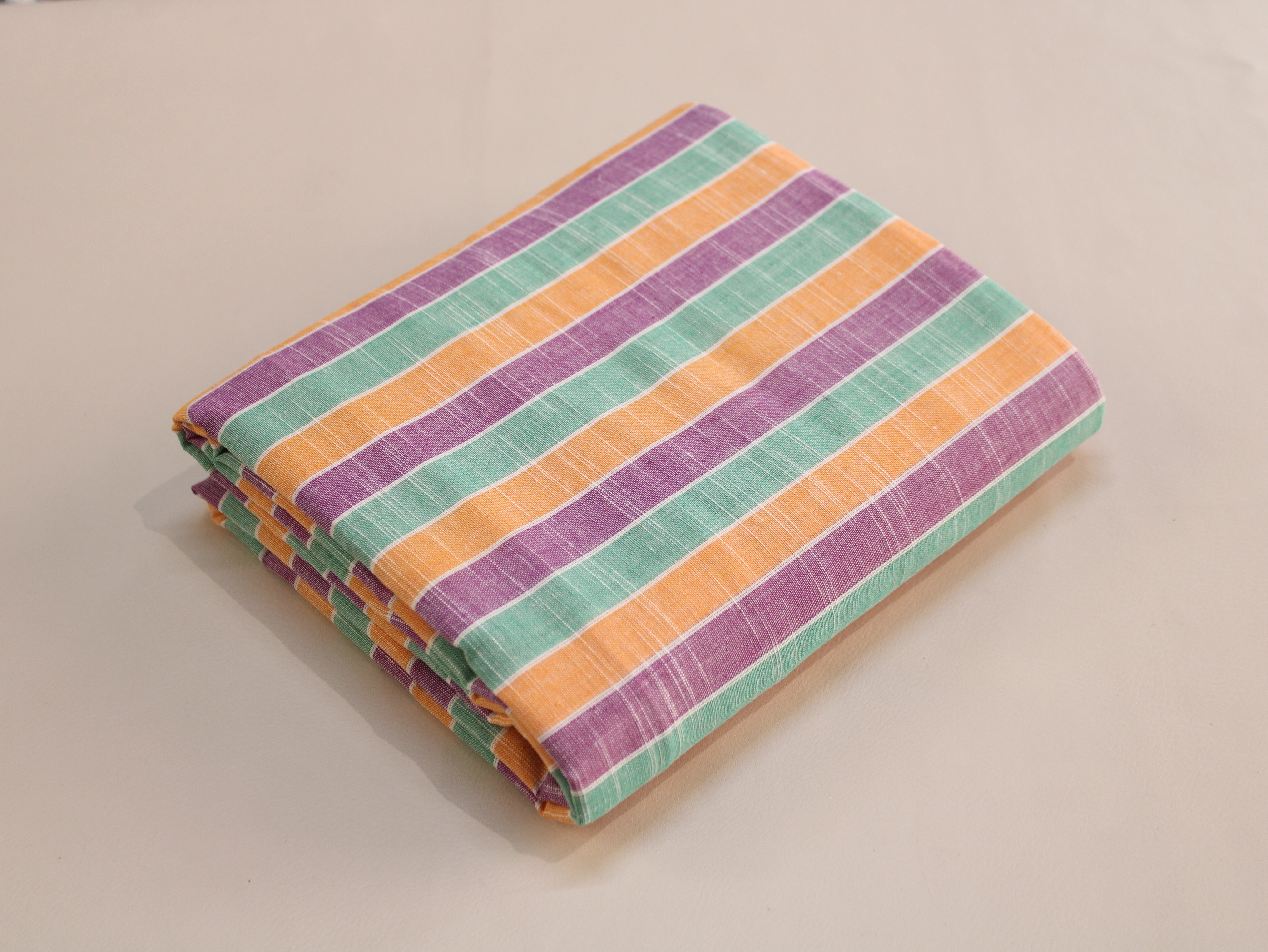 Pure Cotton Handloom Multicolour Stripe Fabric | Mint Green Purple Orange | 44 Inch | Non-Washed | 100 GSM