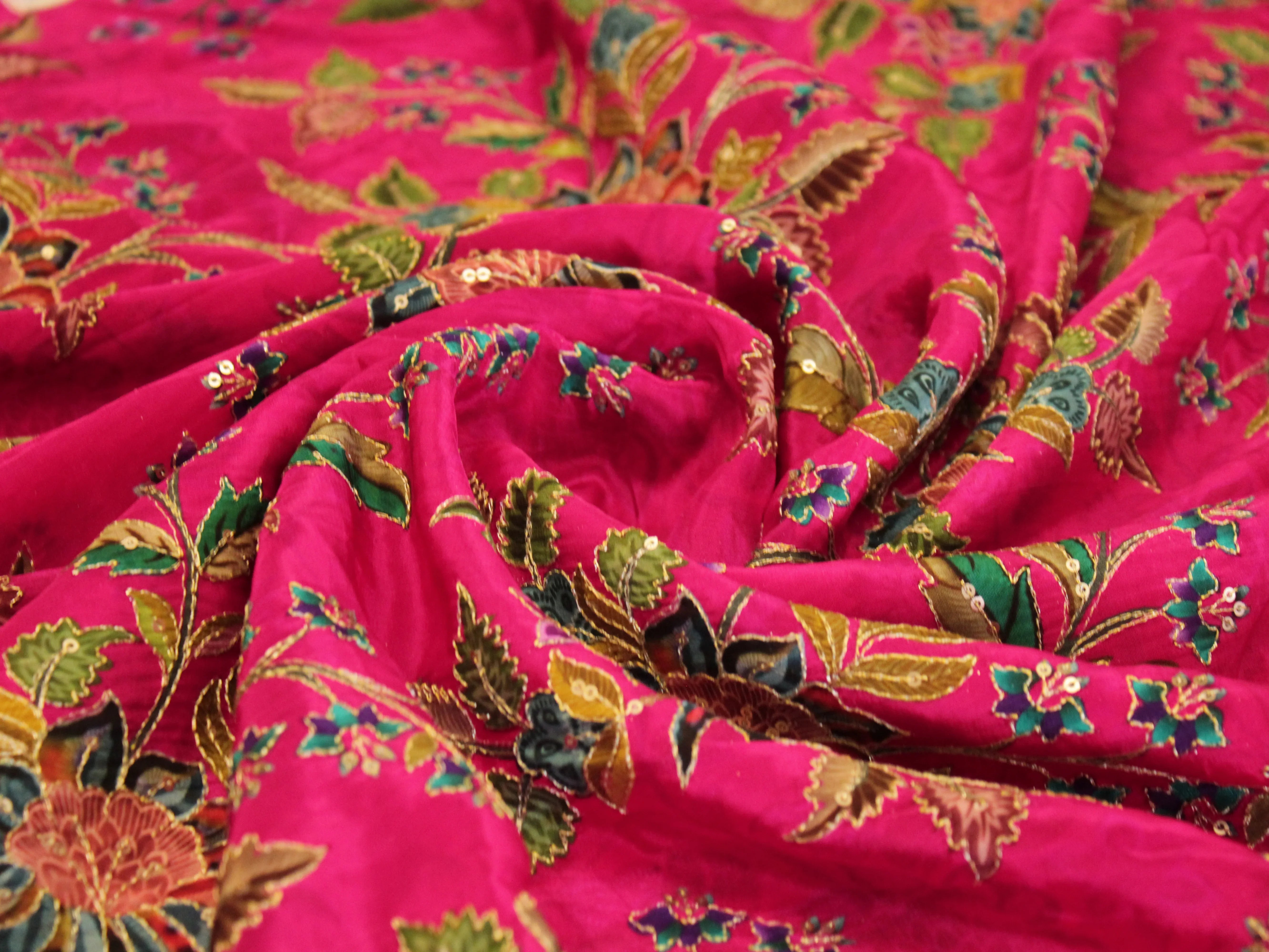 POSH : Digital Print with position work Natural Crepe Fabric - Pink - M'Foks
