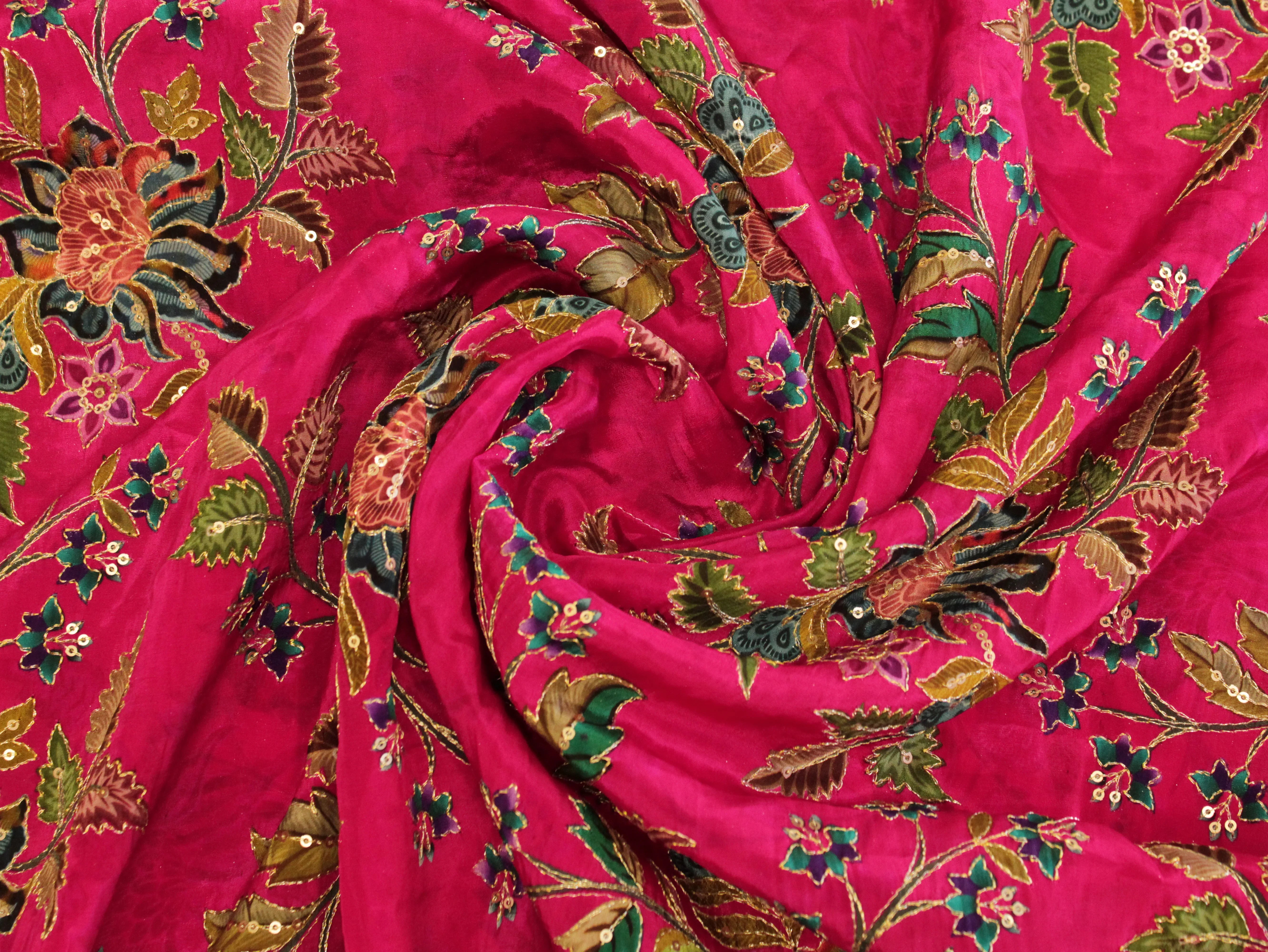 POSH : Digital Print with position work Natural Crepe Fabric - Pink - M'Foks