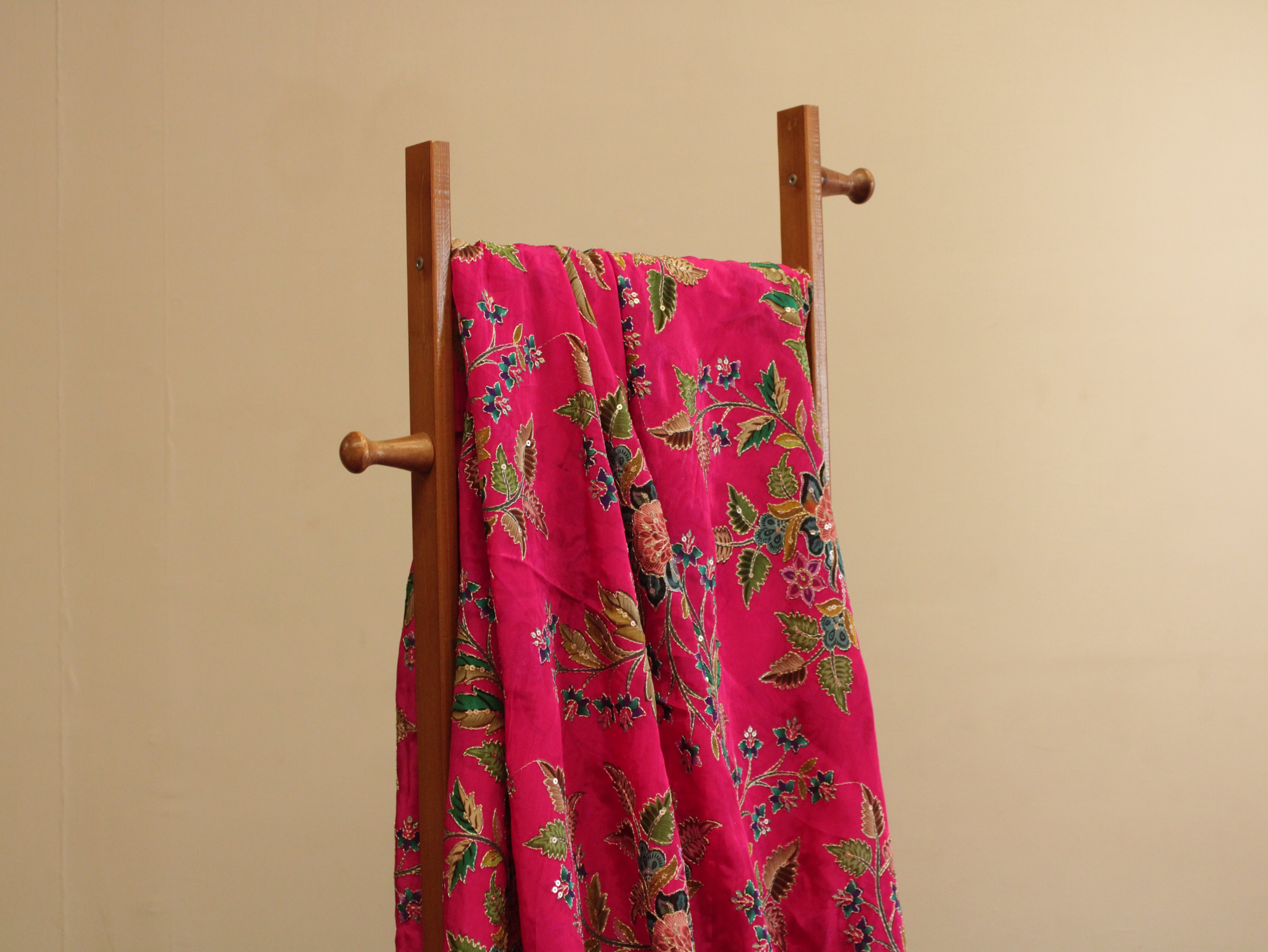POSH : Digital Print with position work Natural Crepe Fabric - Pink