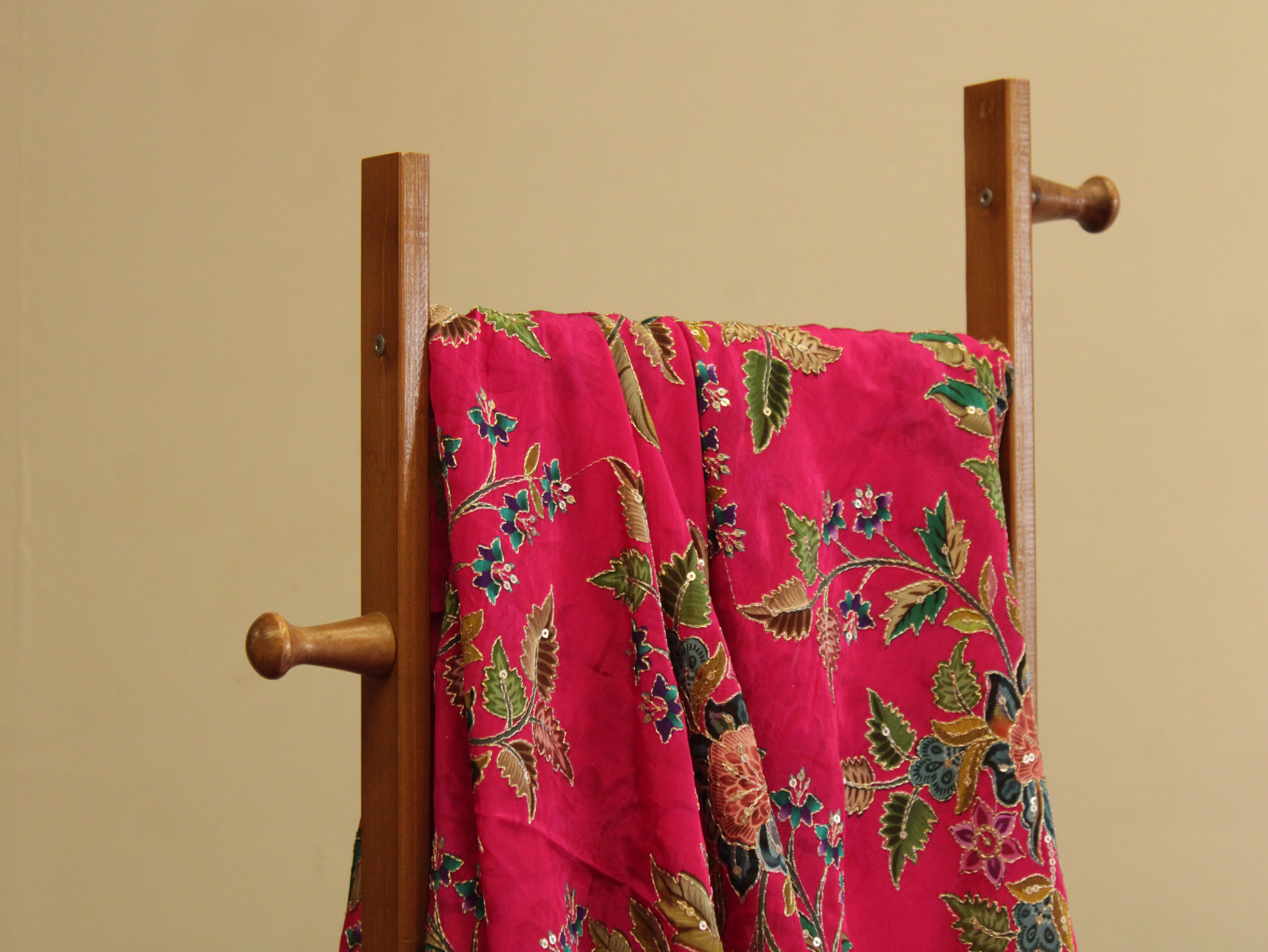 POSH : Digital Print with position work Natural Crepe Fabric - Pink