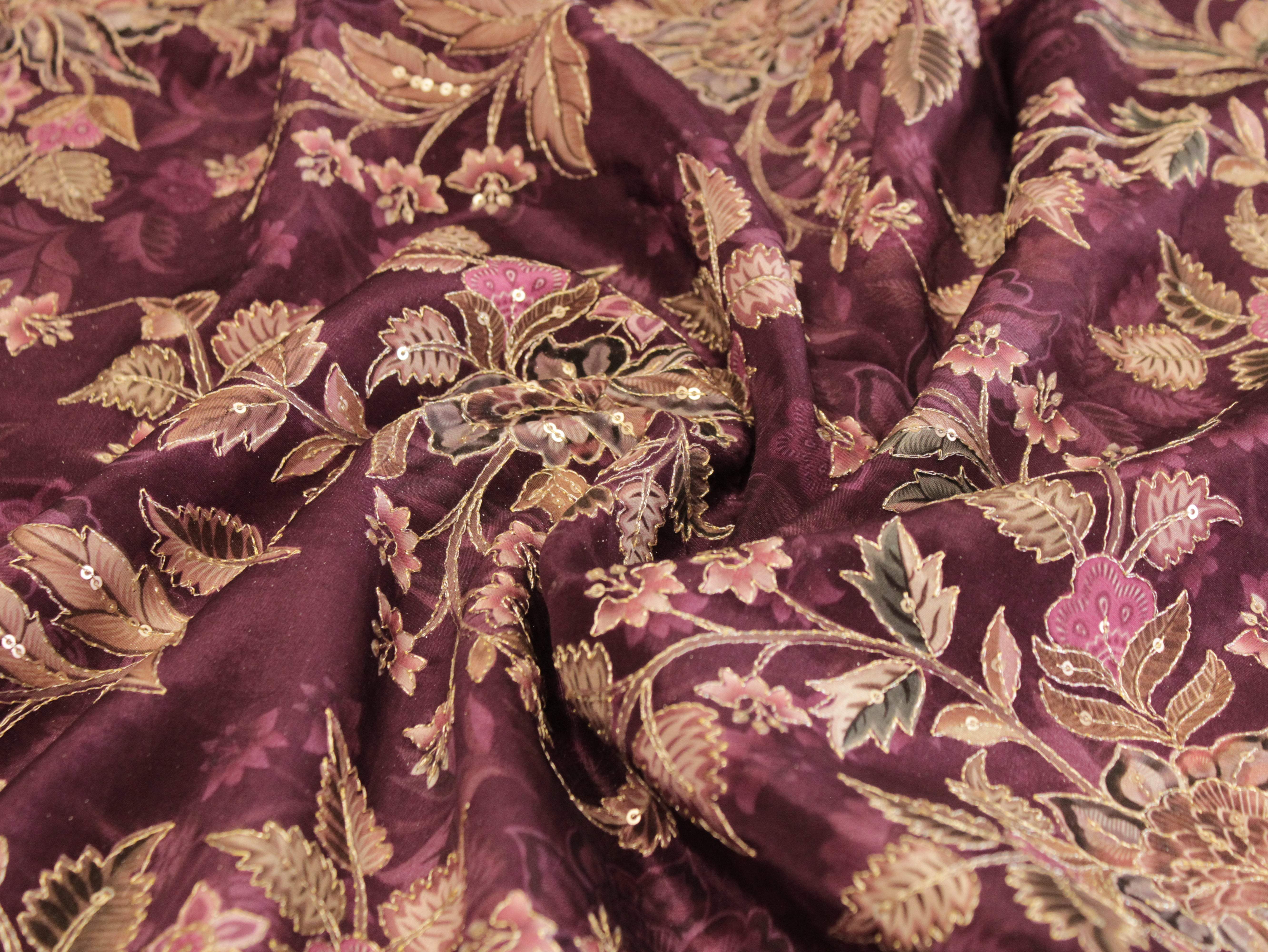 POSH : Digital Print with position work Natural Crepe Fabric - Wine - M'Foks