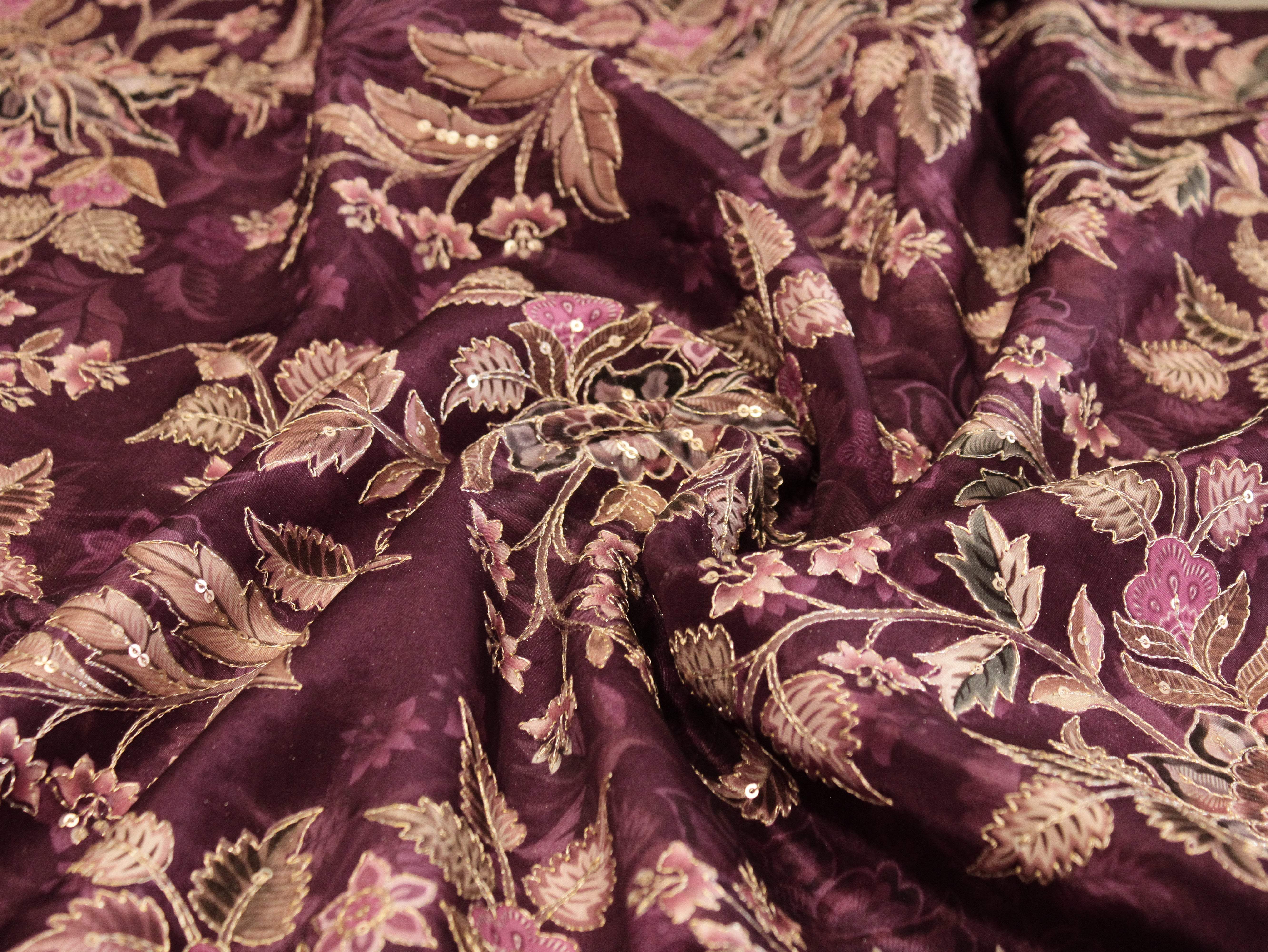 POSH : Digital Print with position work Natural Crepe Fabric - Wine - M'Foks