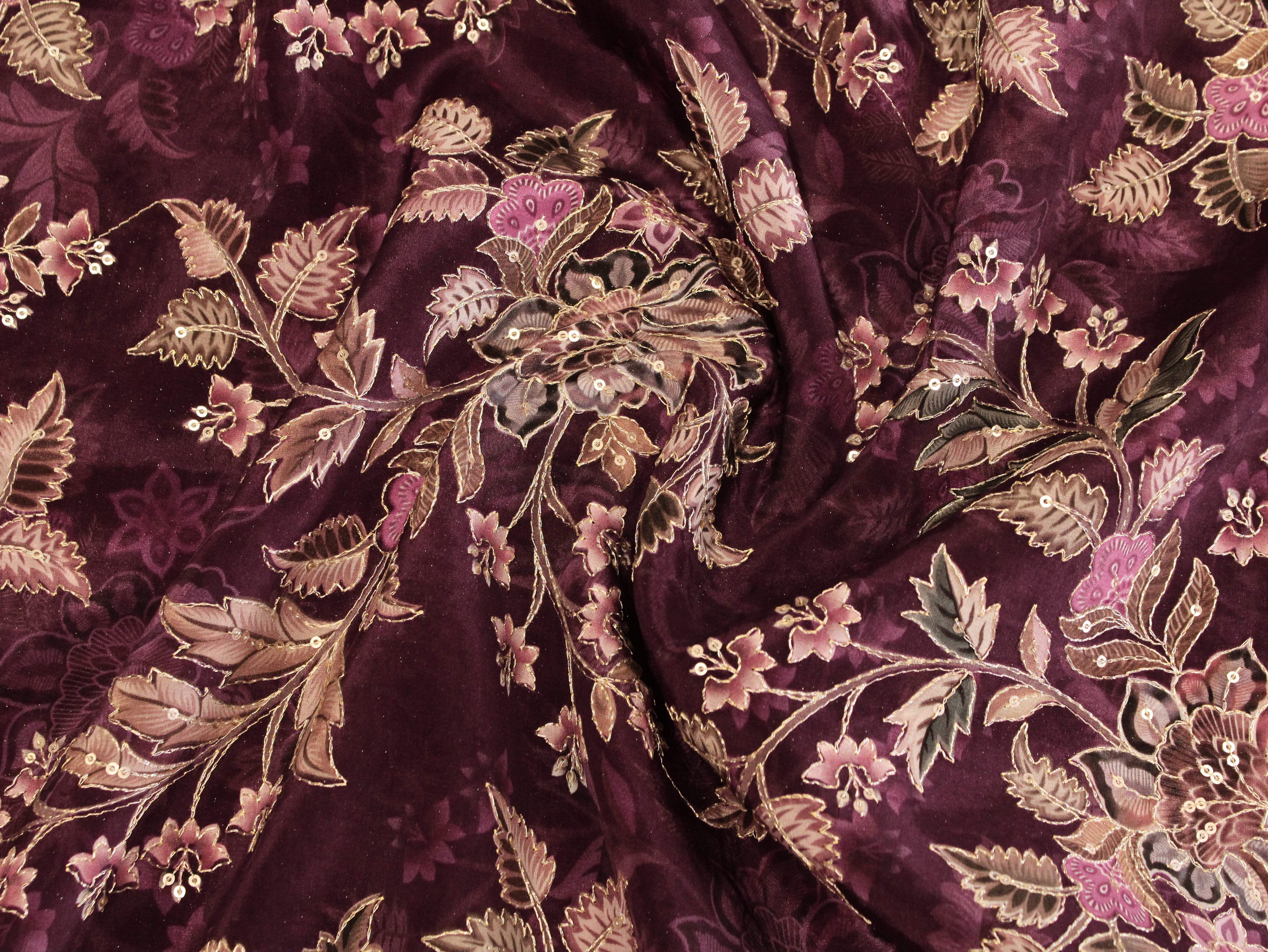 POSH : Digital Print with position work Natural Crepe Fabric - Wine - M'Foks