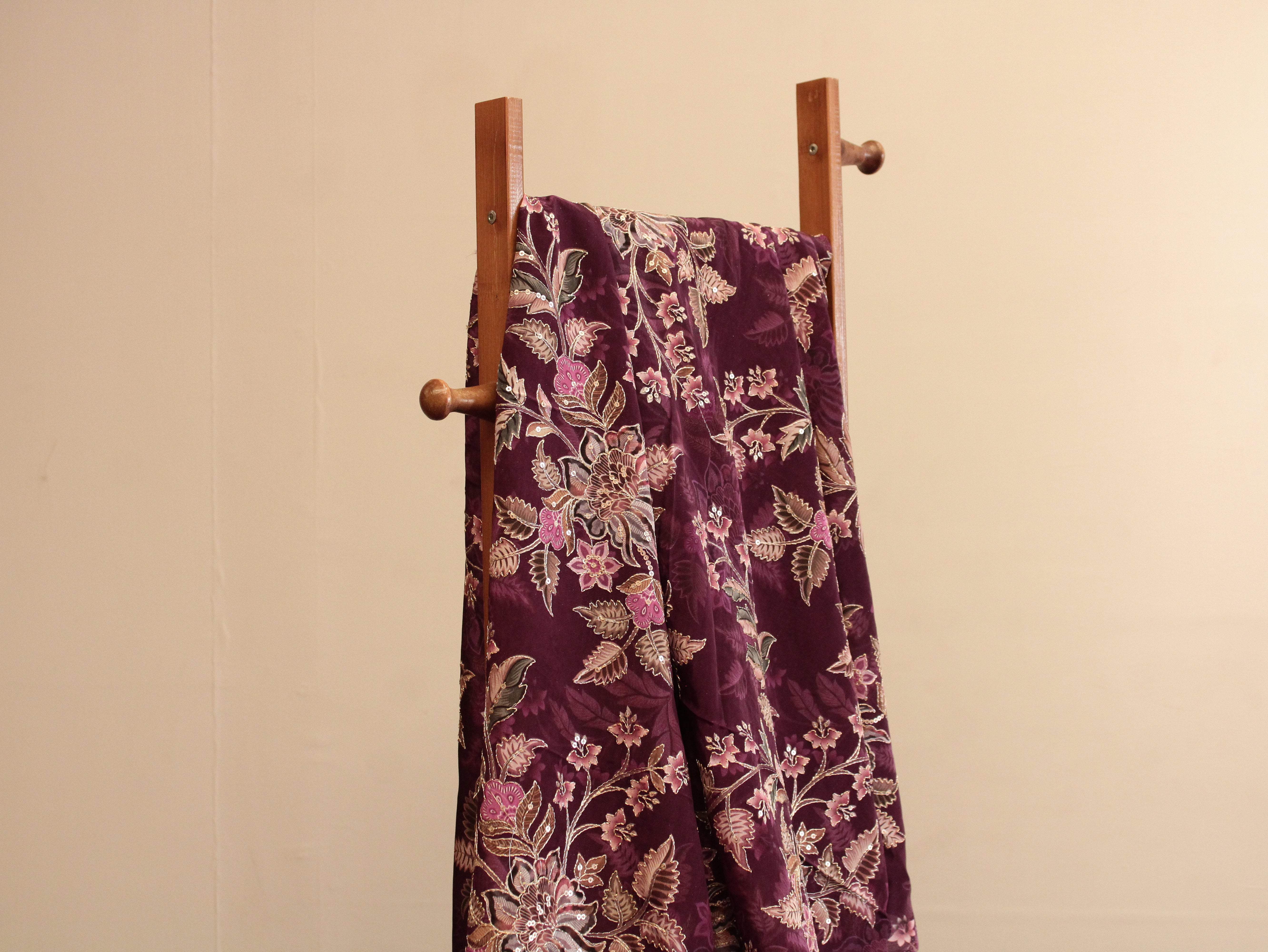 POSH : Digital Print with position work Natural Crepe Fabric - Wine - M'Foks