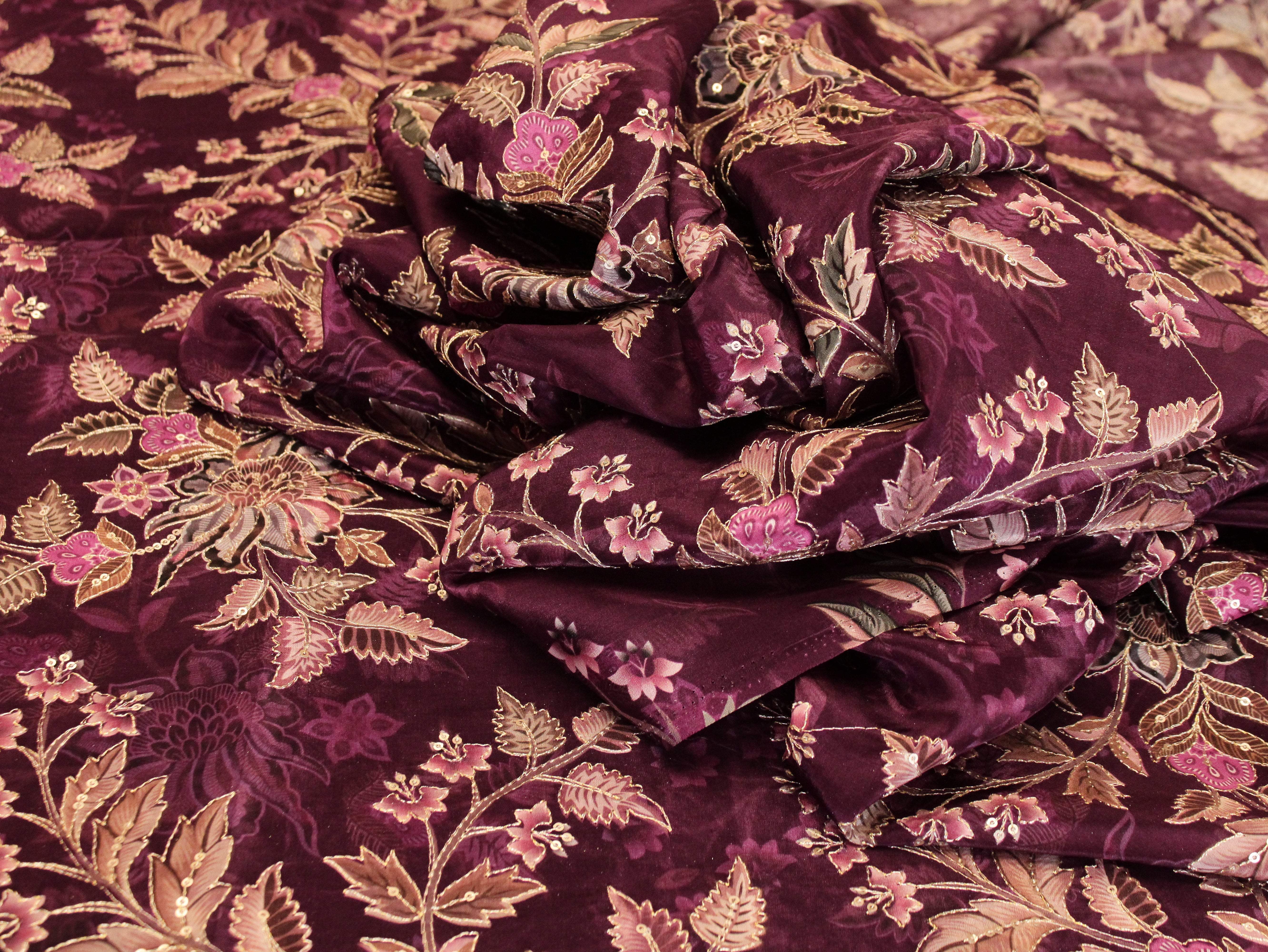 POSH : Digital Print with position work Natural Crepe Fabric - Wine - M'Foks