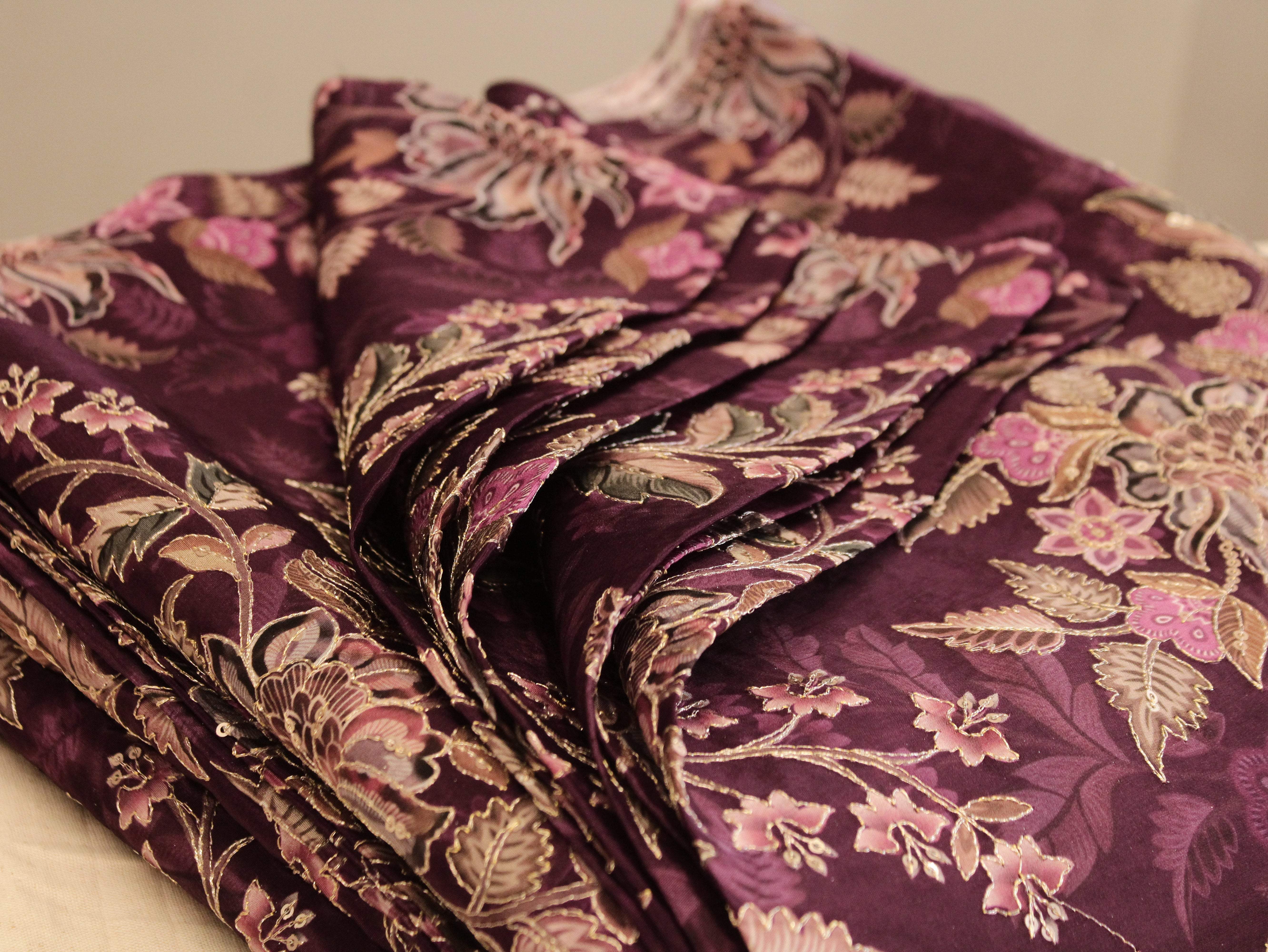 POSH : Digital Print with position work Natural Crepe Fabric - Wine - M'Foks