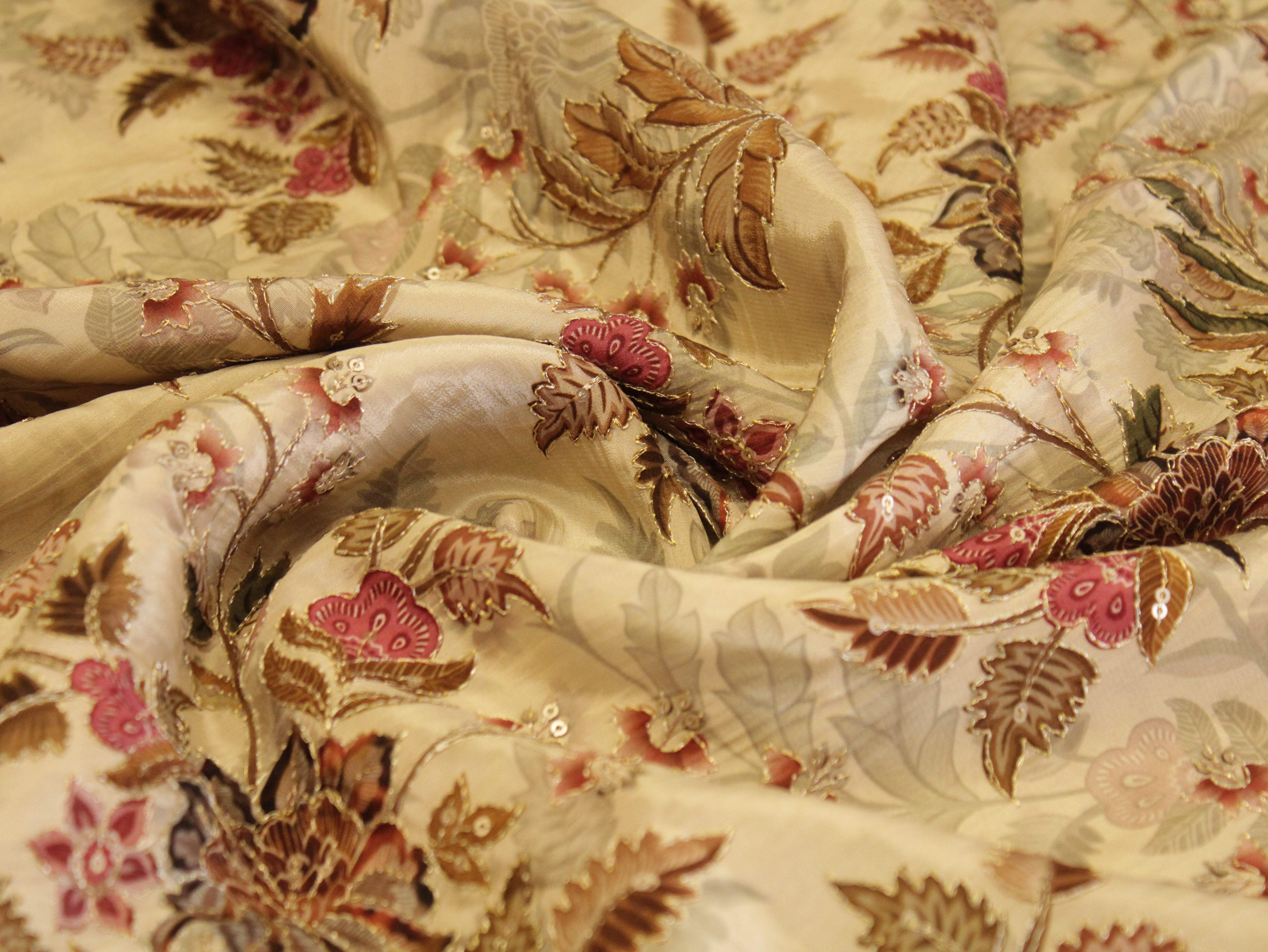 POSH : Digital Print with position work Natural Crepe Fabric - Beige - M'Foks