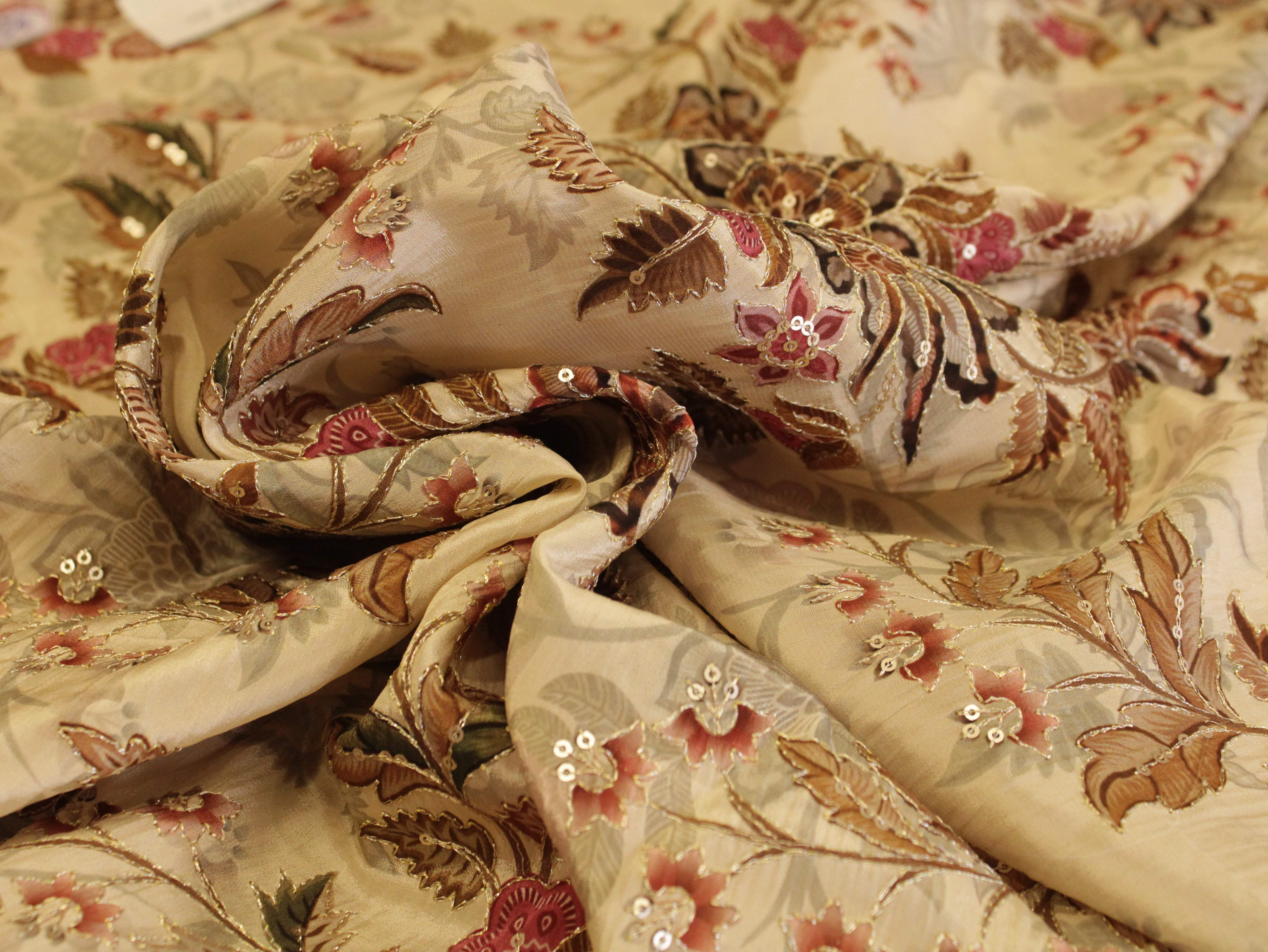 POSH : Digital Print with position work Natural Crepe Fabric - Beige - M'Foks