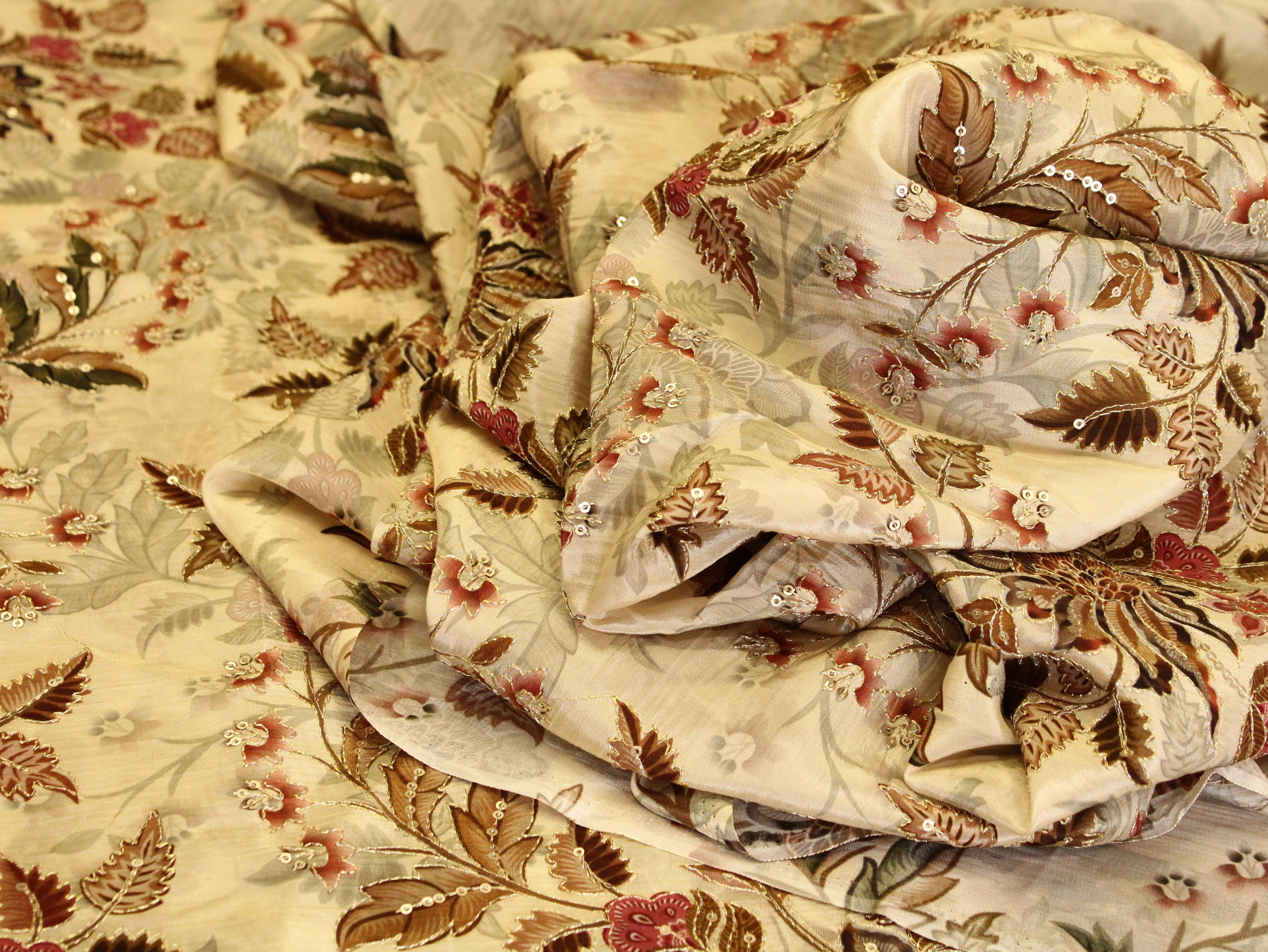POSH : Digital Print with position work Natural Crepe Fabric - Beige - M'Foks