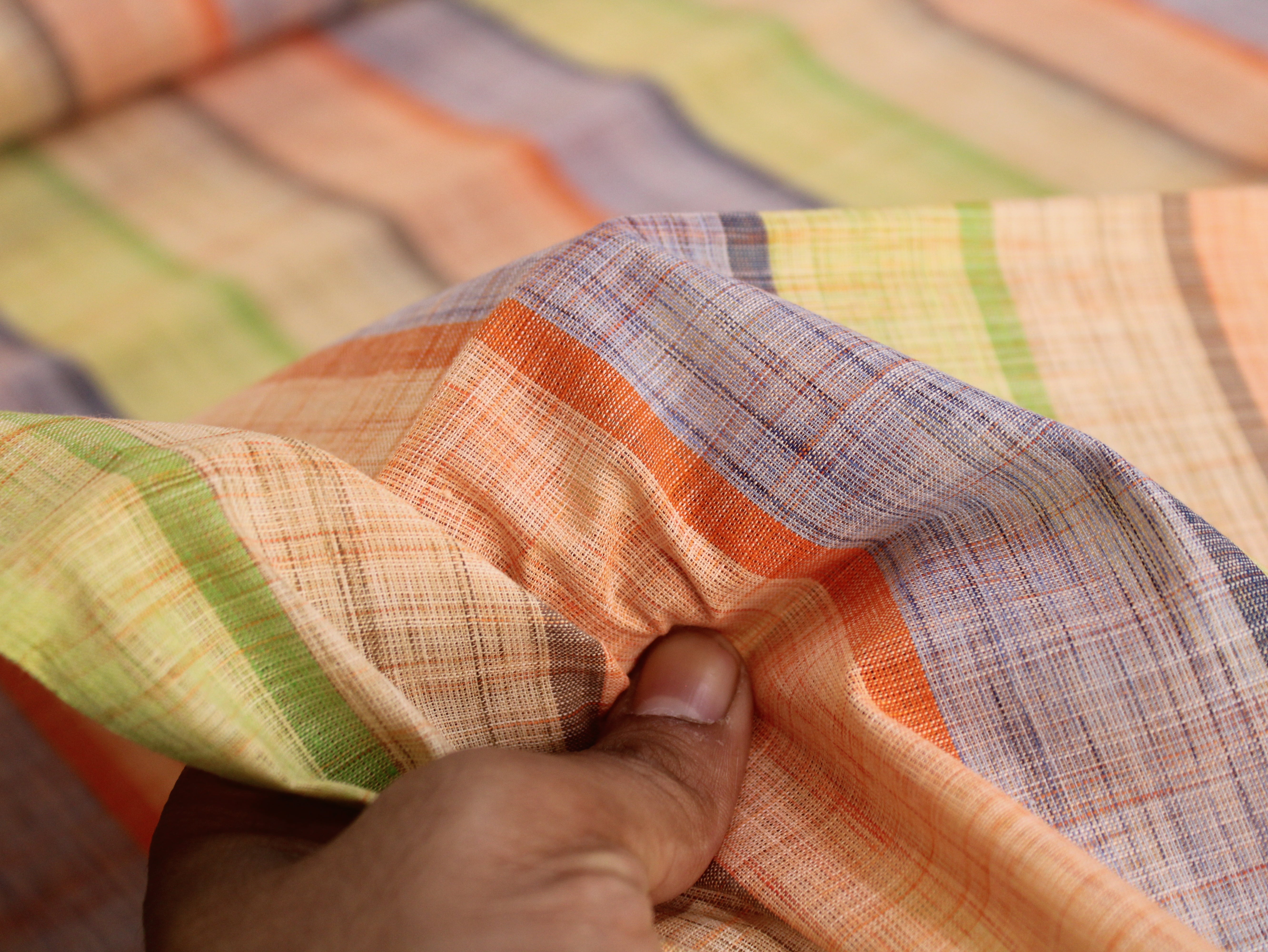 Pure Cotton Handloom Multicolour Stripe Fabric | Light Green Purple Orange | 44 Inch | Non-Washed | 100 GSM
