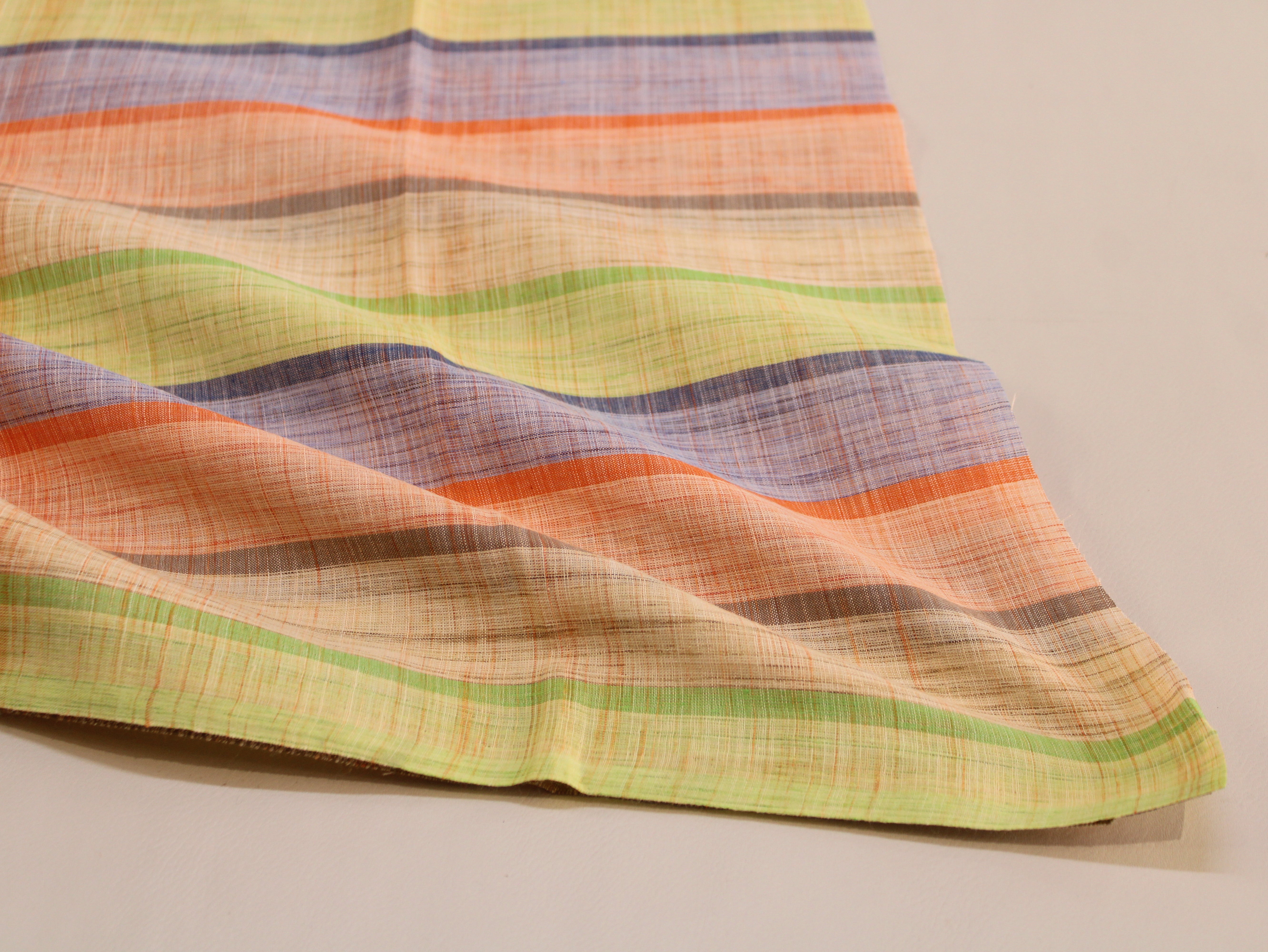 Pure Cotton Handloom Multicolour Stripe Fabric | Light Green Purple Orange | 44 Inch | Non-Washed | 100 GSM