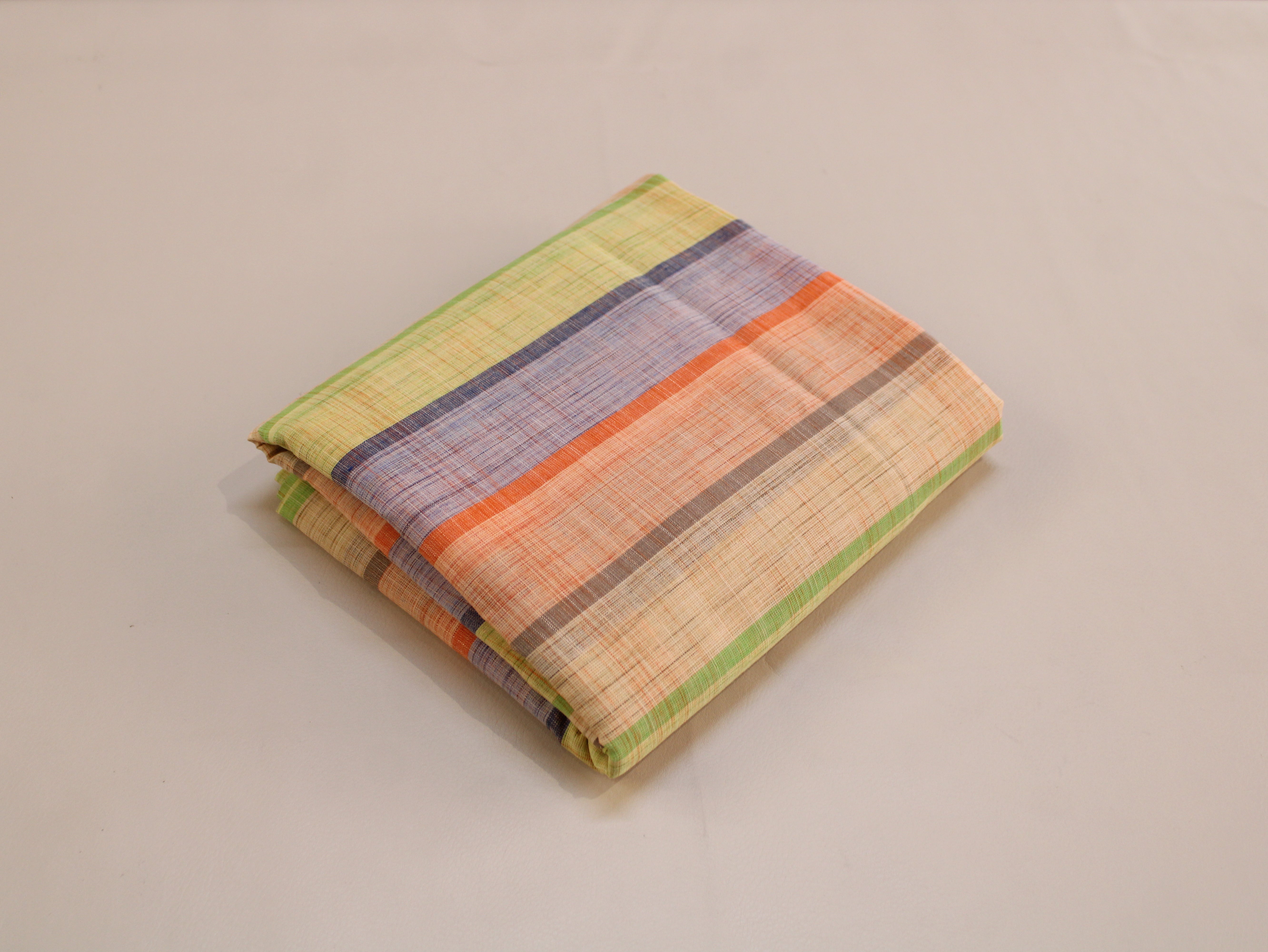 Pure Cotton Handloom Multicolour Stripe Fabric | Light Green Purple Orange | 44 Inch | Non-Washed | 100 GSM