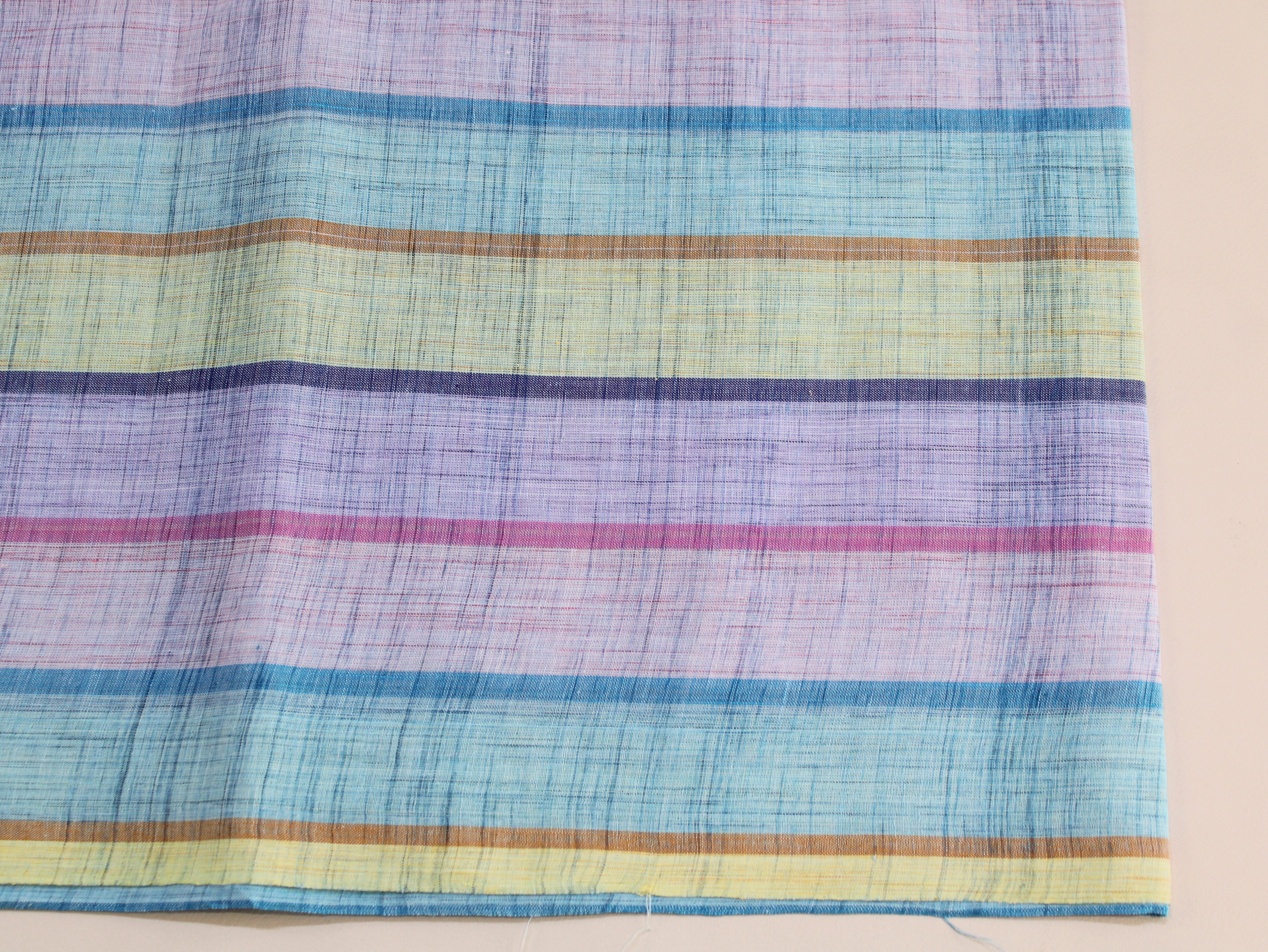 Pure Cotton Handloom Multicolour Stripe Fabric | Blue Purple Green Pink | 44 Inch | Non-Washed | 100 GSM